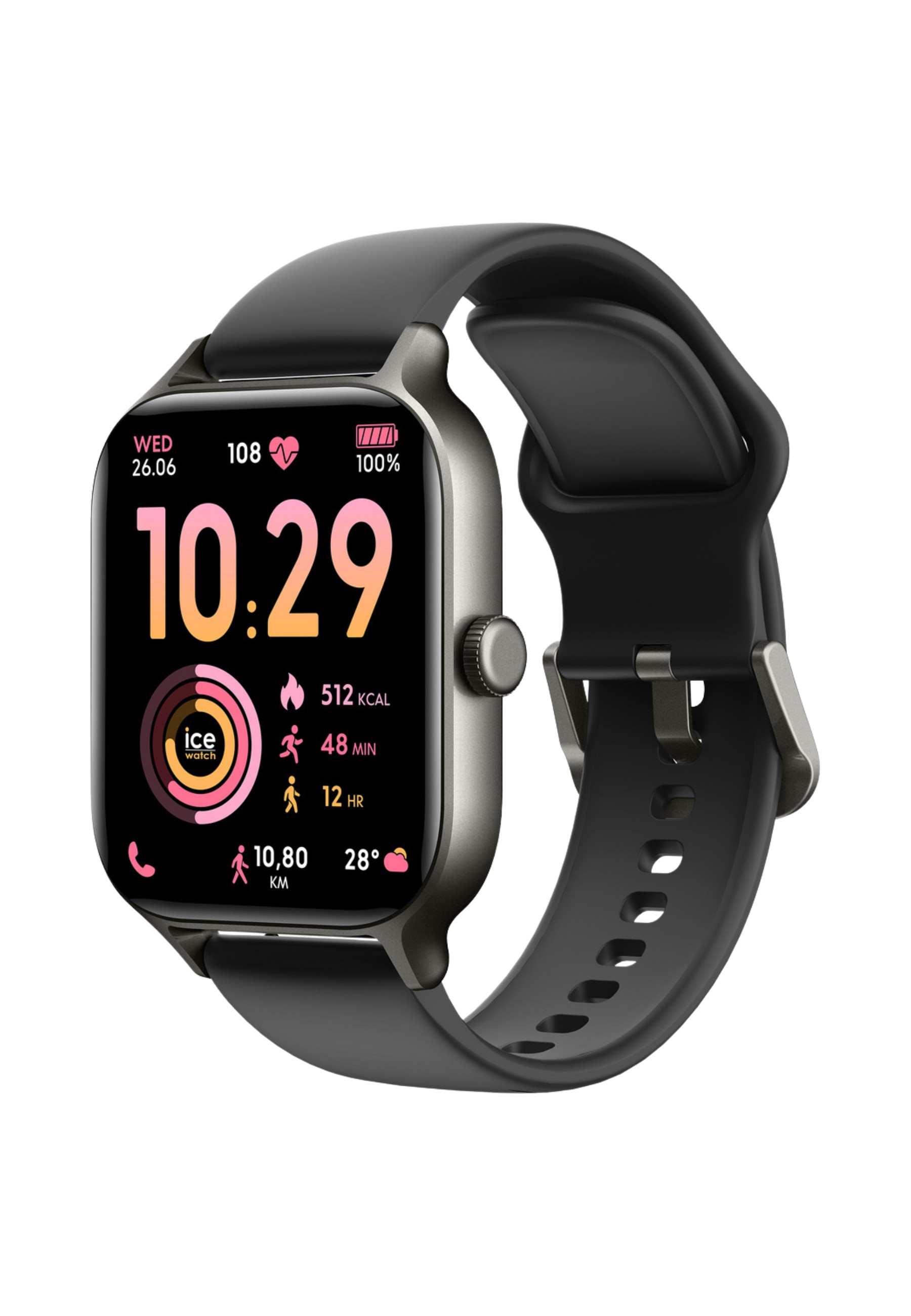 Eine schwarze Smartwatch zeigt Zeit, Datum und Gesundheitsdaten an. Ein schwarzes Armband ist befestigt.