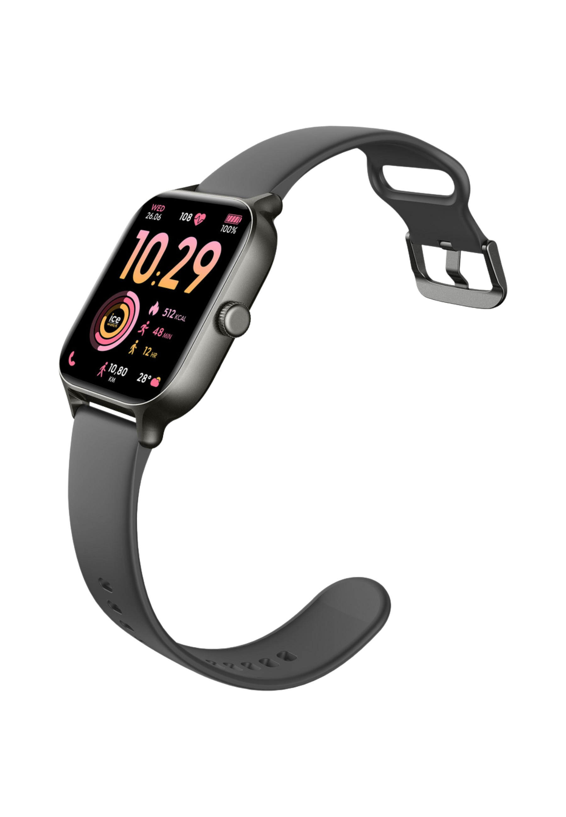 Eine graue Smartwatch zeigt Zeit, Statistiken und Akku an. Schwarzes Armband vor weißem Hintergrund.