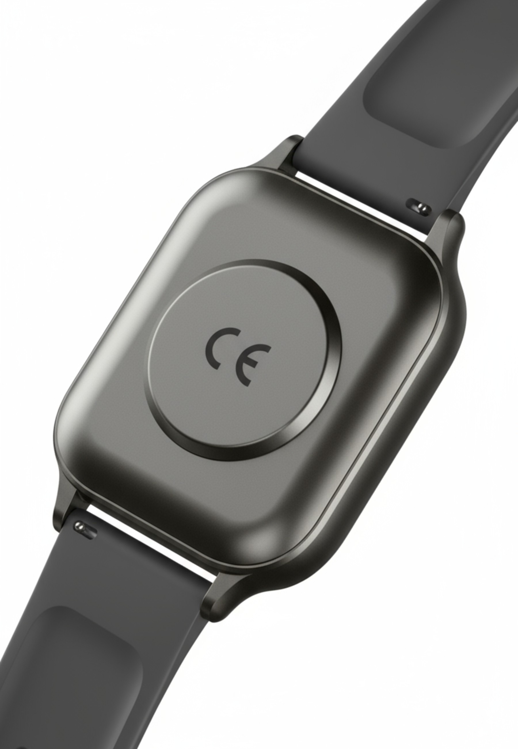 Rückseite einer Smartwatch. Graues Gehäuse, schwarze Armbänder und ein kreisförmiges CE-Zeichen.