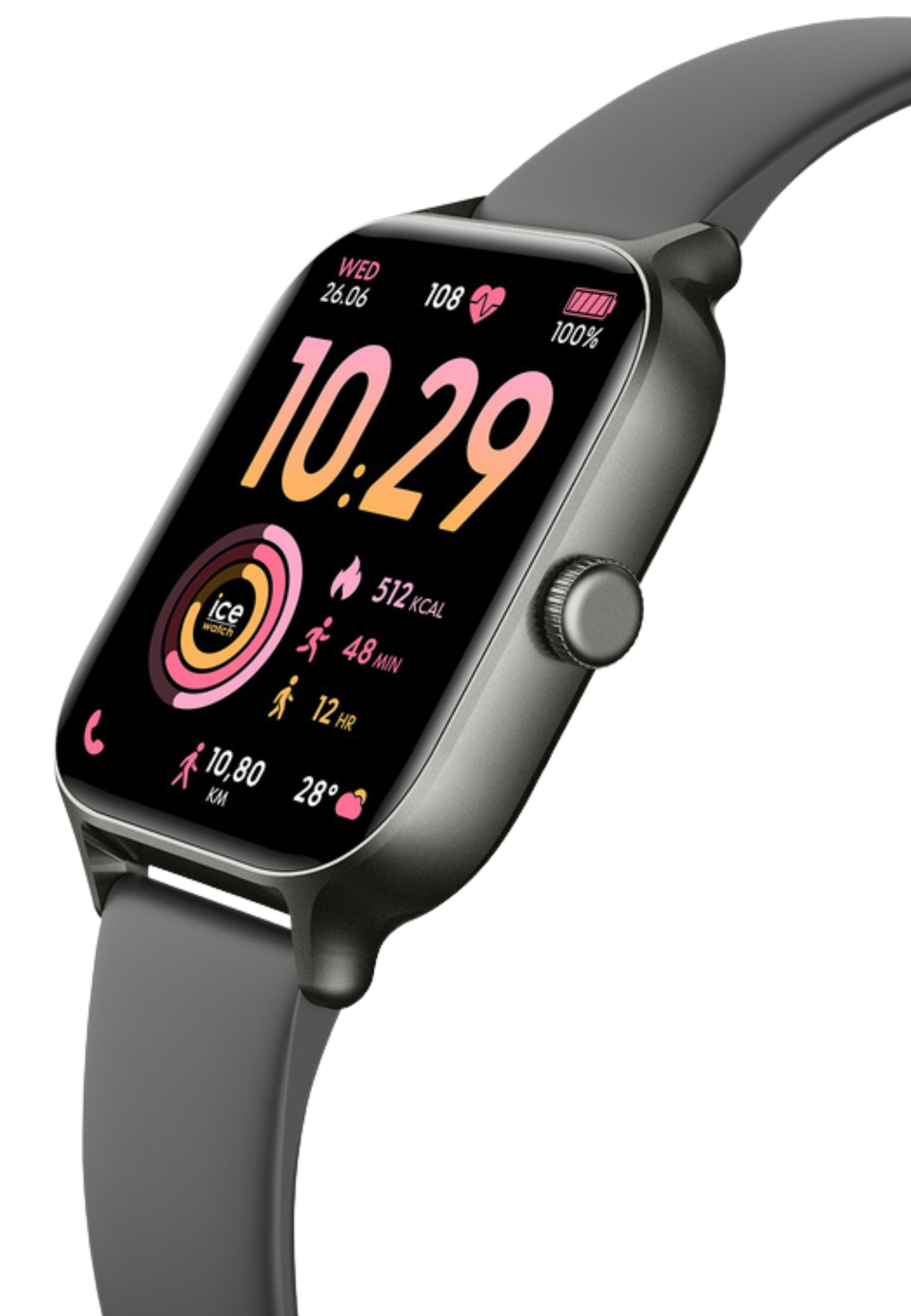 Eine graue Smartwatch zeigt Uhrzeit, Datum, Herzfrequenz, Akku und Aktivitätsdaten wie Schritte und Kalorien.