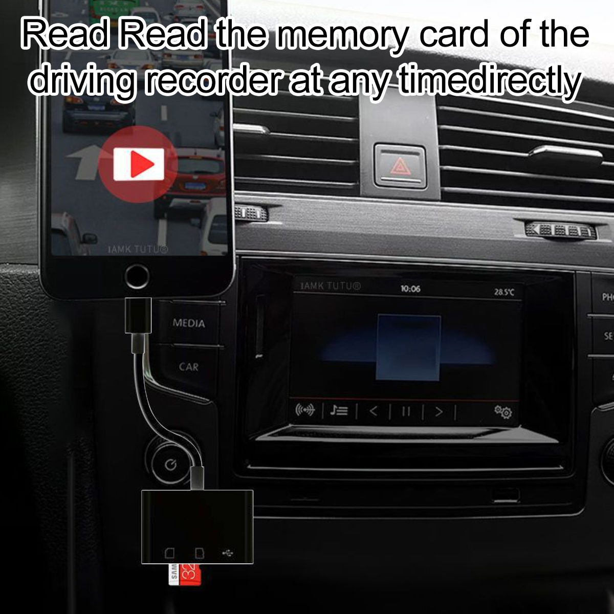 Ein Telefon, das über ein Kabel mit einem schwarzen Gerät verbunden ist, zeigt ein Video an. Das Gerät enthält eine Speicherkarte, ein Auto Armaturenbrett sichtbar.