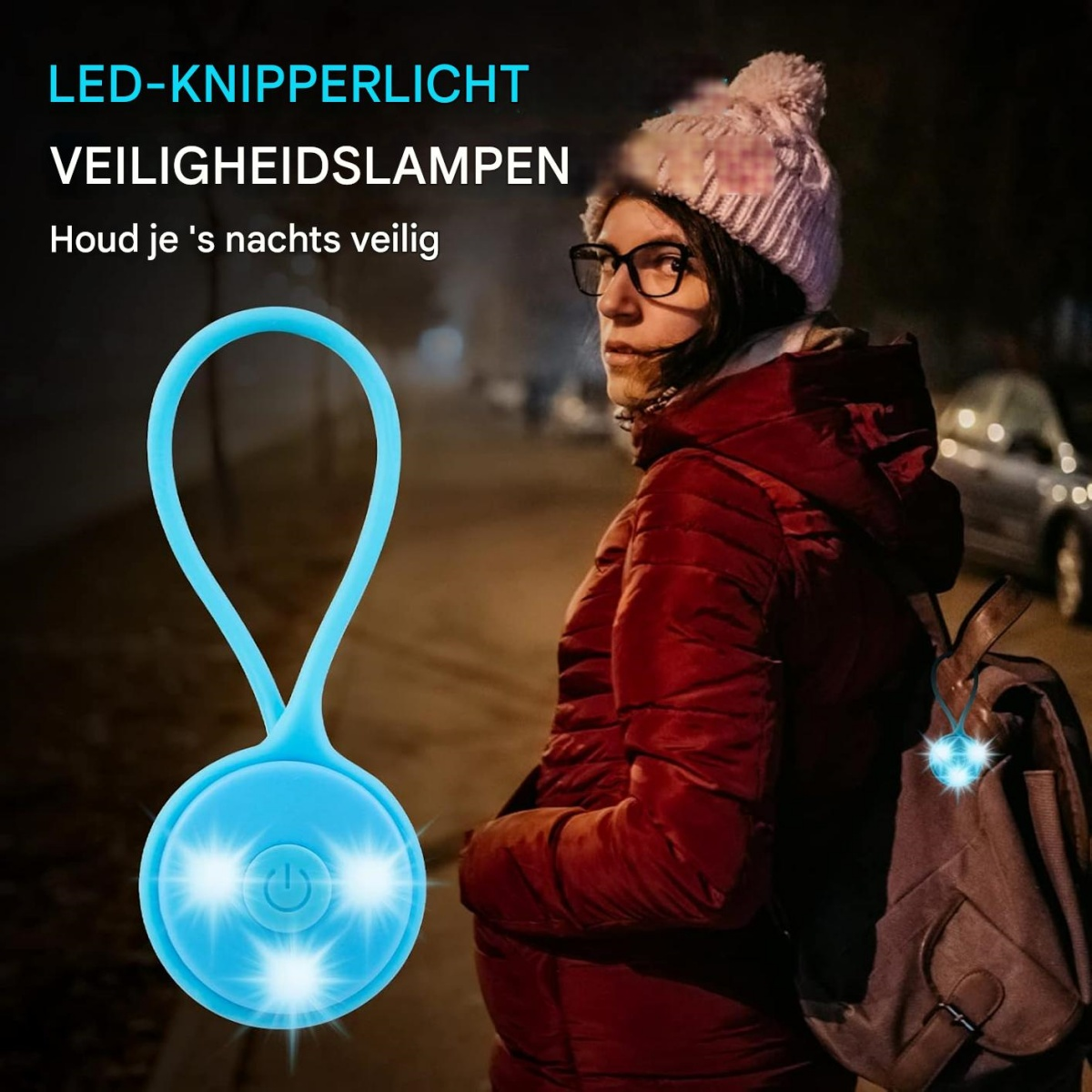 Eine Frau mit Brille und Hut in der Nähe eines blauen Sicherheitslichts. Das Licht hat drei Punkte. Text: 'LED-Blinklicht', 'Sicherheitslampen'.