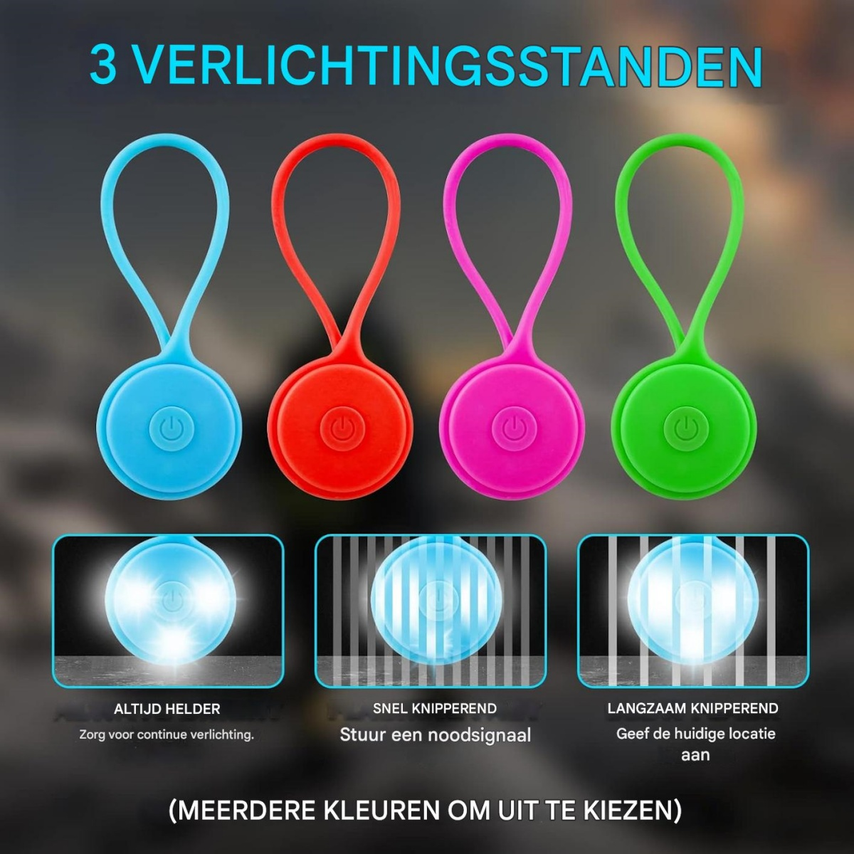 Vier farbige Lichter, blau, rot, pink und grün, jeweils mit einem Power-Knopf. Darunter sind drei Lichtmodi dargestellt.