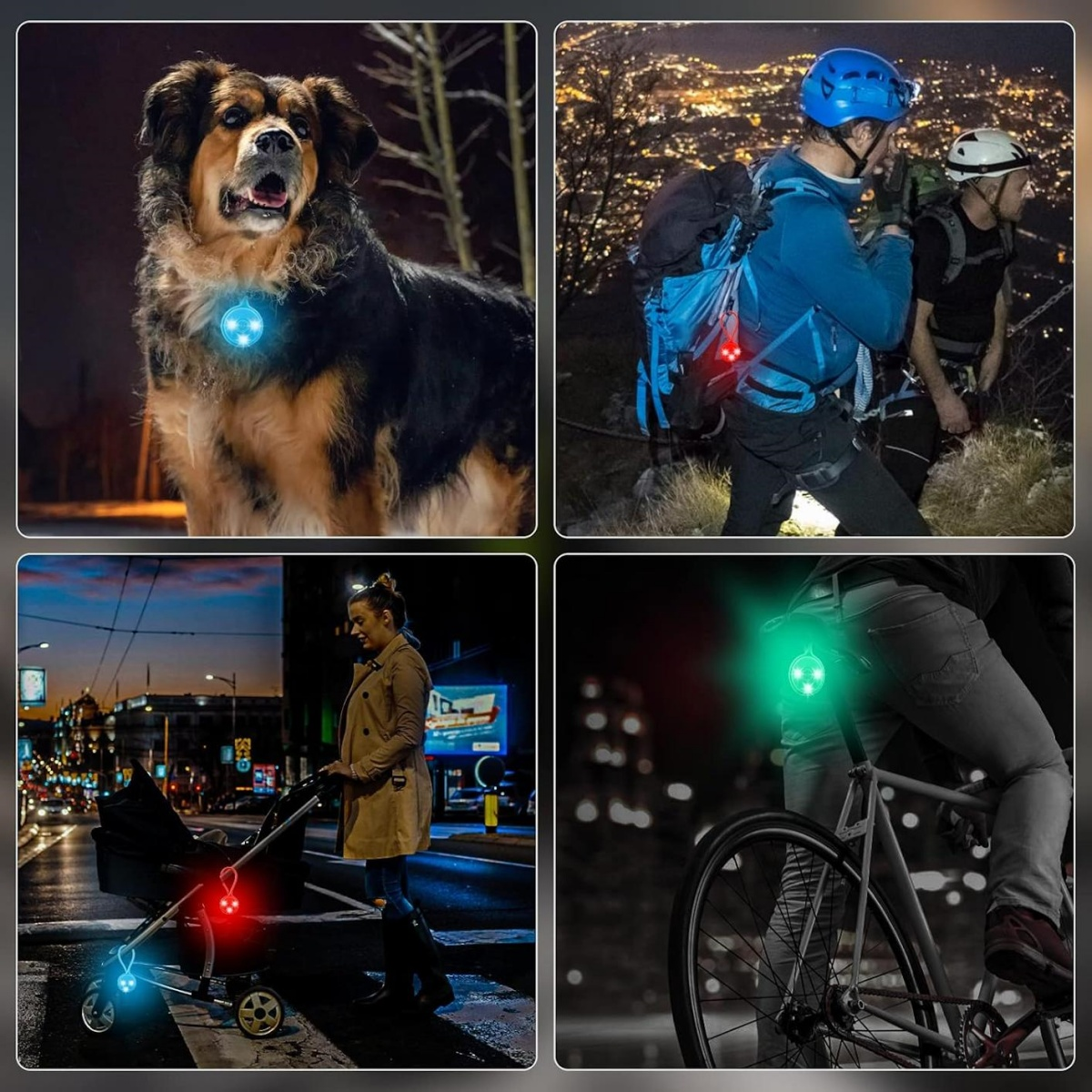 Ein Hund mit blauem Leuchthalsband. Wanderer mit roten Lichtern. Eine Frau mit Kinderwagen und rotem Licht. Ein Radfahrer mit grünem Licht.