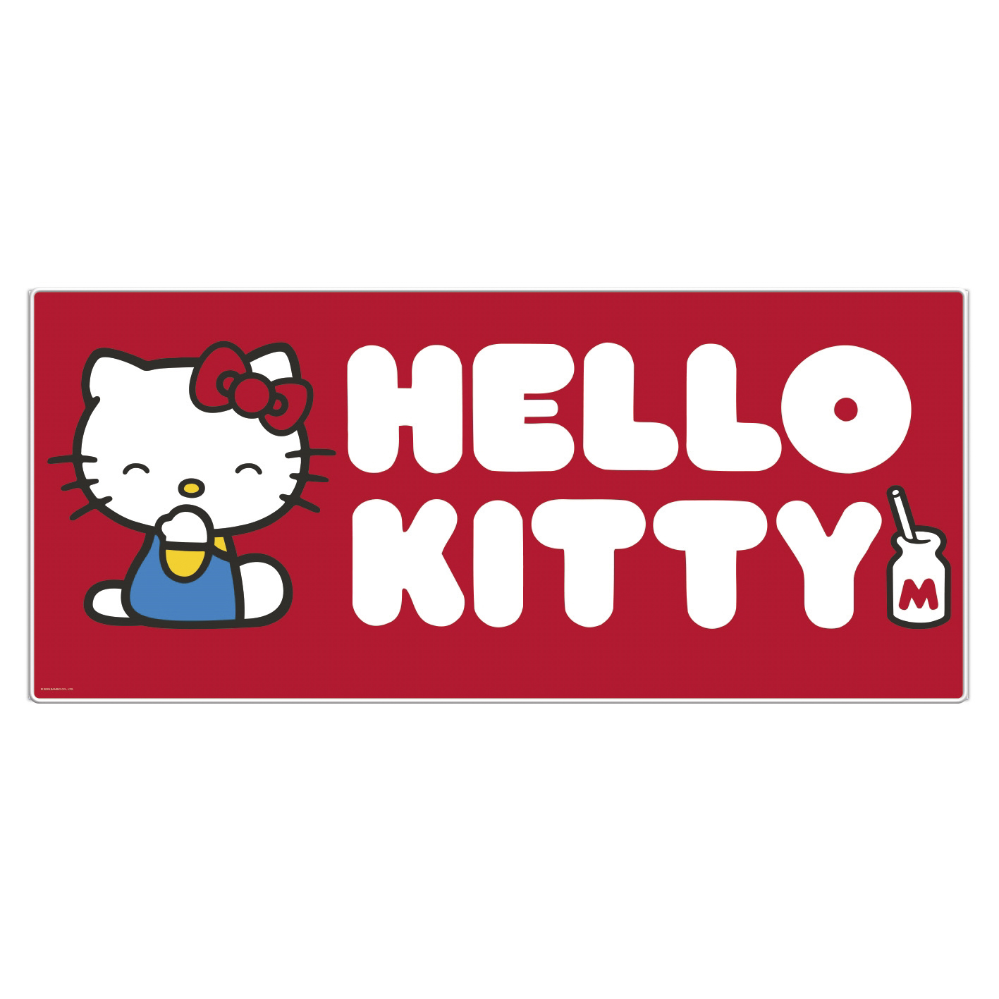Logo Hello Kitty na czerwonym tle. Kitty po lewej ze wstążką. Białe litery piszą Hello Kitty. Karton po prawej.