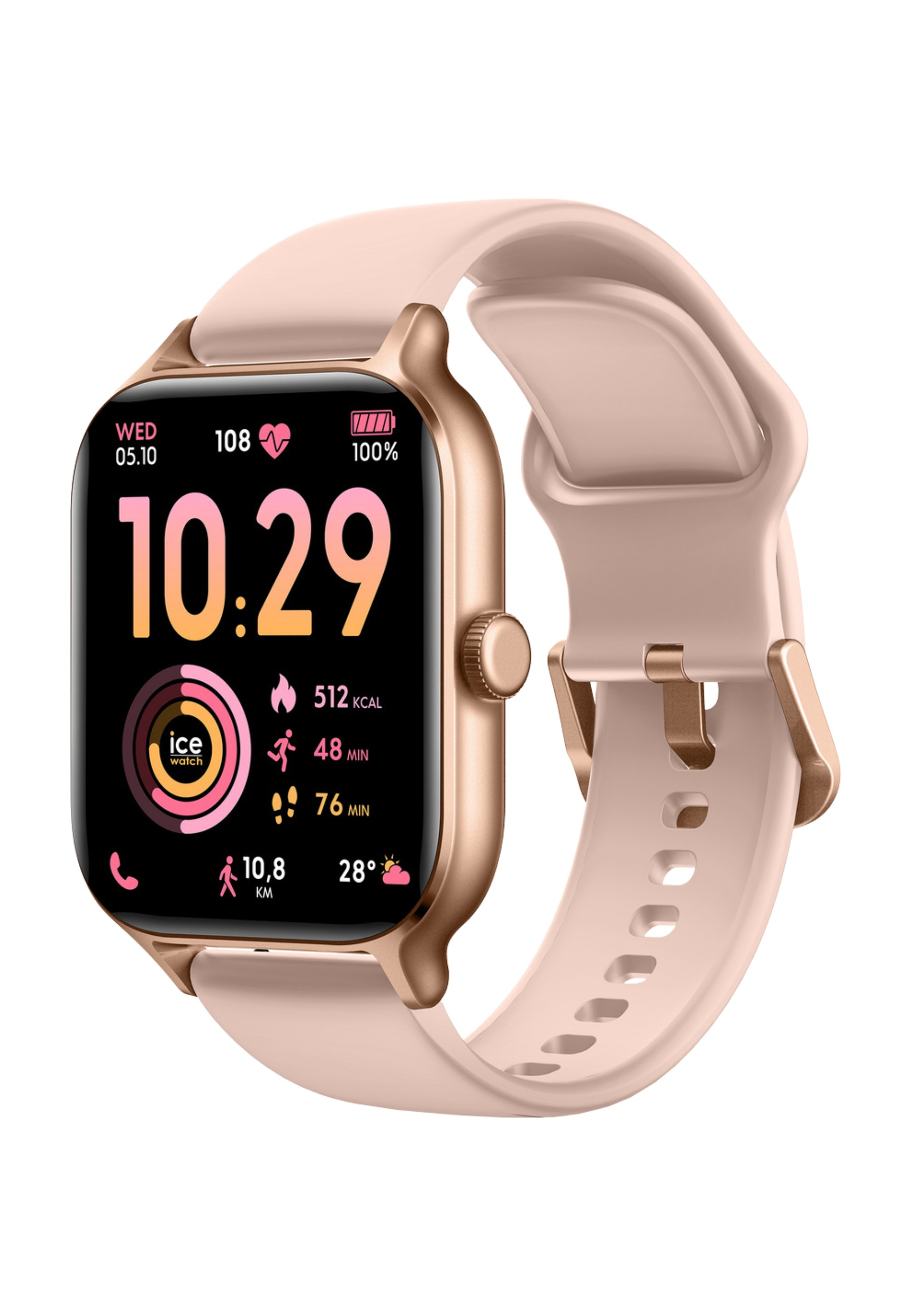 Uno smartwatch oro rosa mostra ora, data, frequenza cardiaca e metriche di attività. Ha un cinturino rosa chiaro.