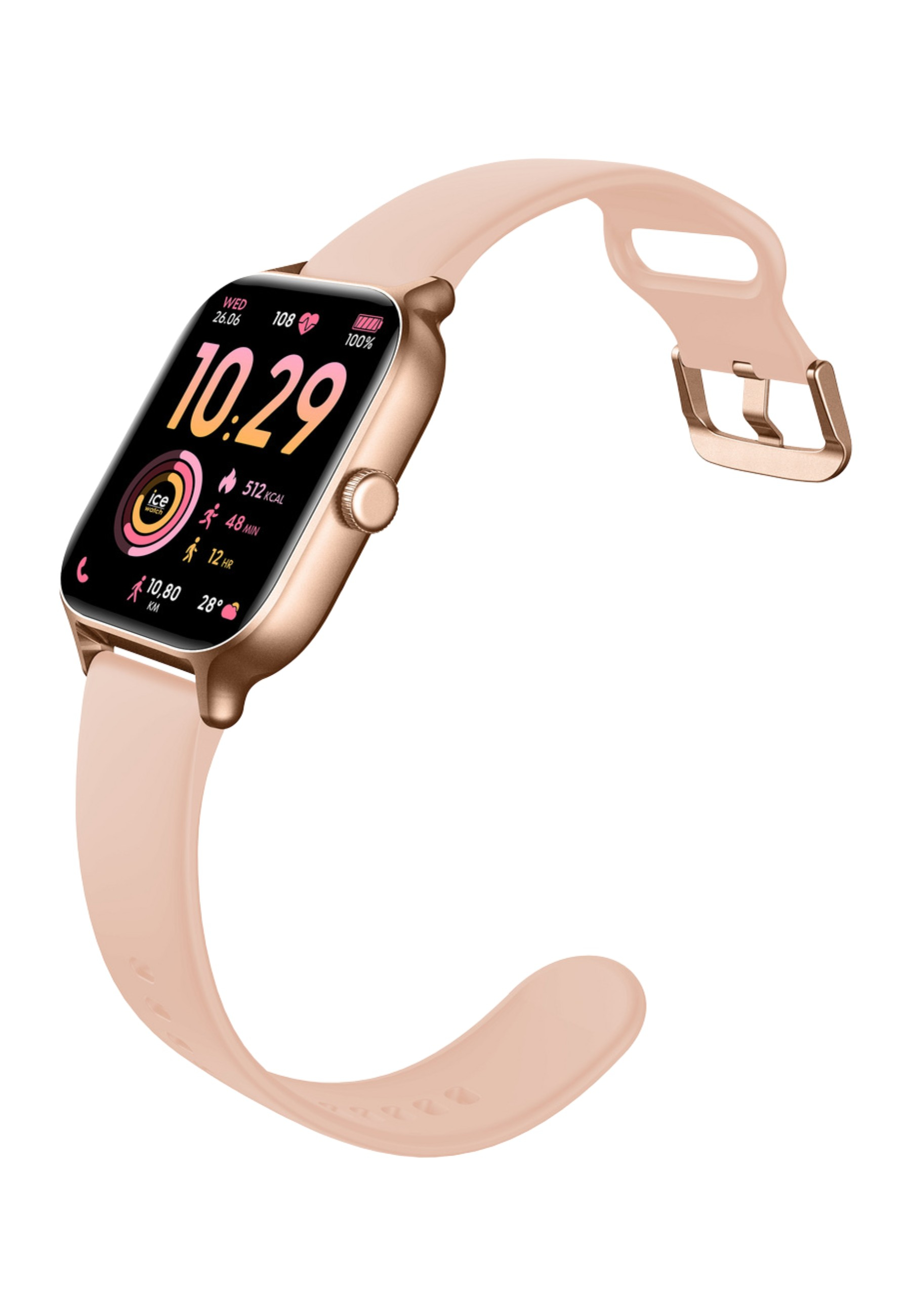 Uno smartwatch oro rosa con cinturino rosa chiaro mostra ora, frequenza cardiaca e metriche di attività. Lo schermo mostra data, ora e batteria.