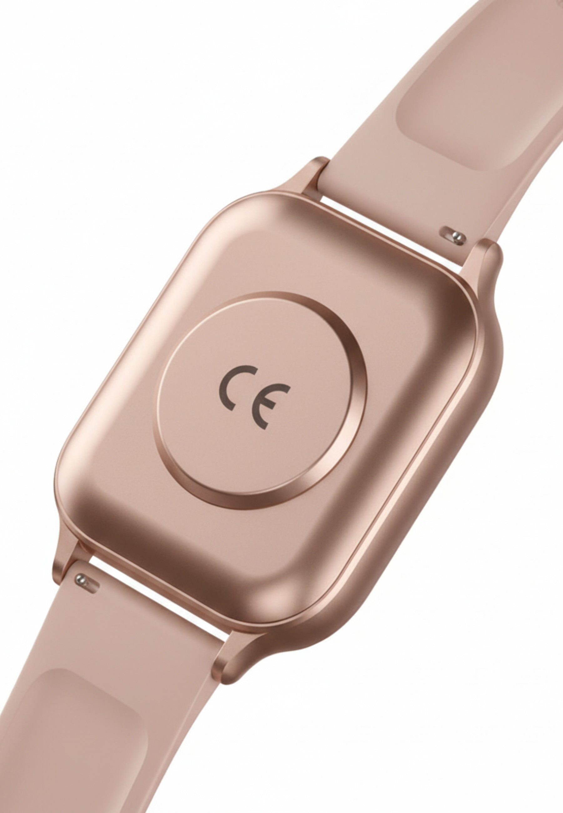 Retro dell'orologio intelligente oro rosa. Sensore circolare con marchio CE e cinturino rosa.