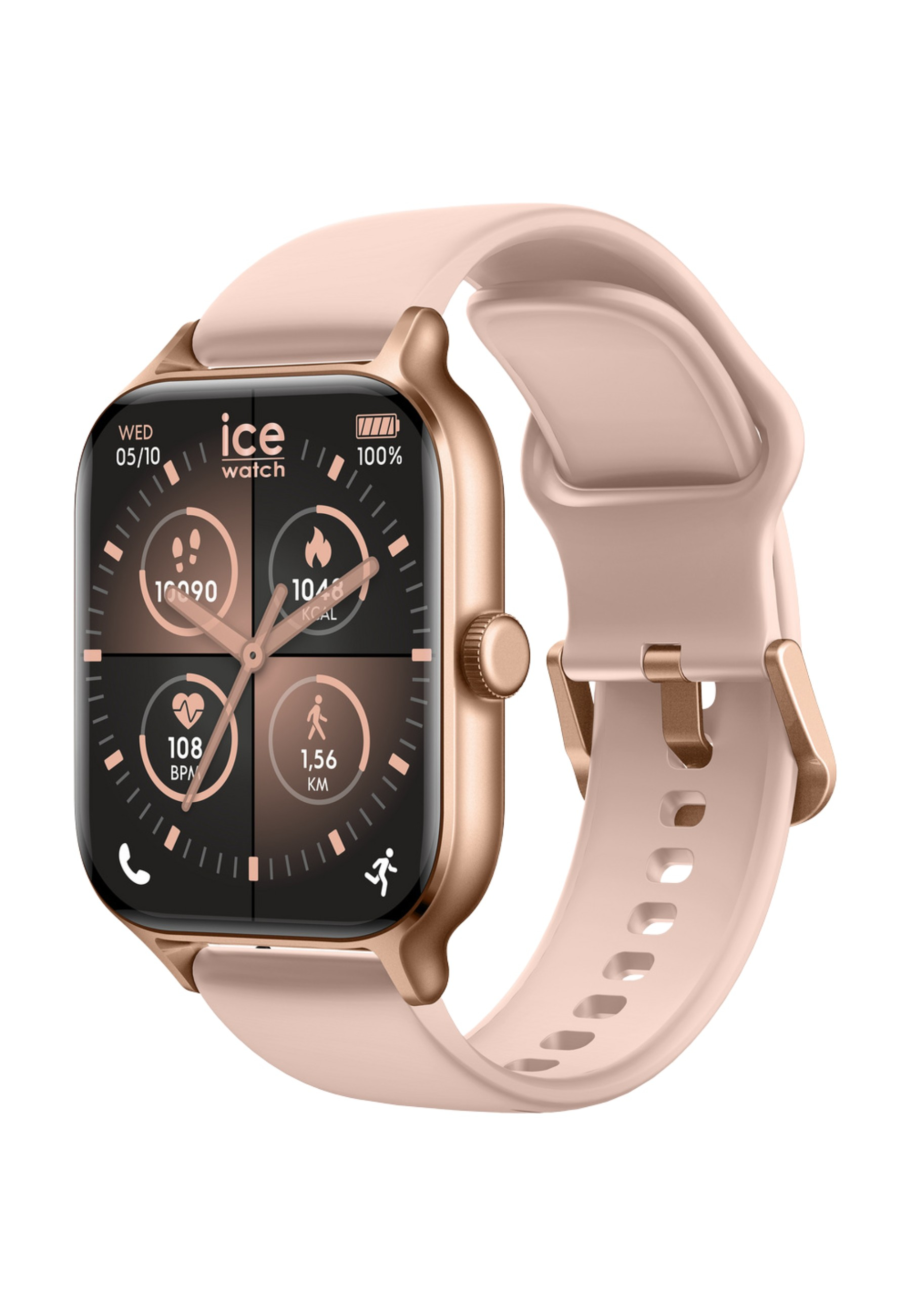 Eine roségoldene Smartwatch mit hellrosa Armband zeigt Daten auf dem schwarzen Bildschirm. Die Uhr ist vor weißem Hintergrund.