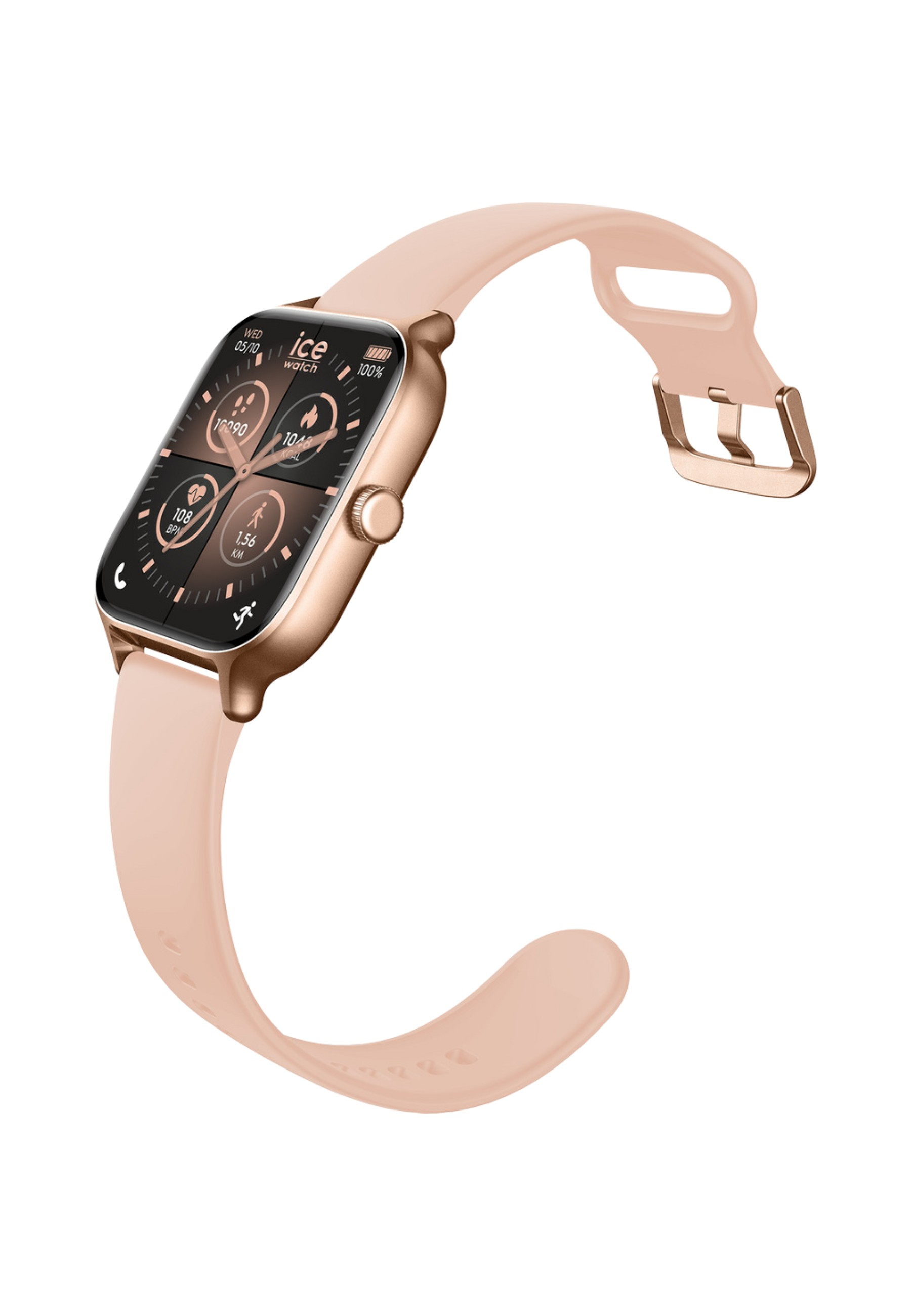 Eine roségoldene Smartwatch mit hellrosa Armband zeigt Fitnessdaten an. Die Uhr ist abgewinkelt, um Bildschirm und Armband zu zeigen.