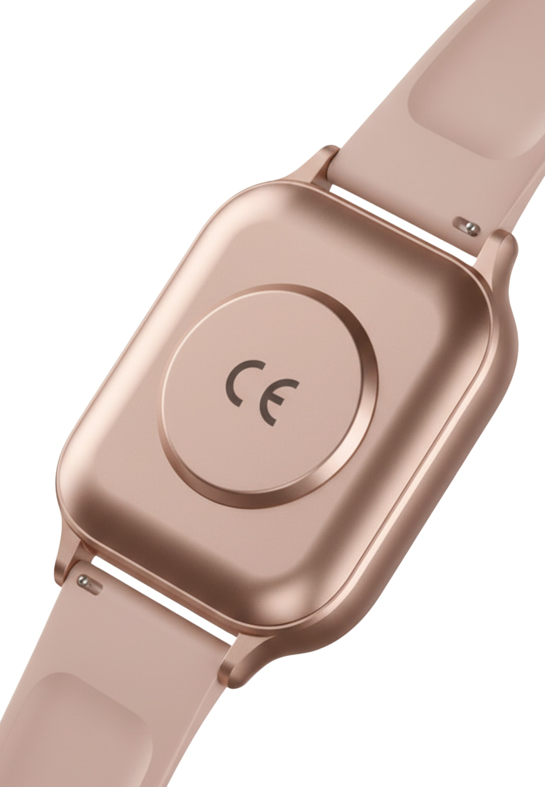 Nahaufnahme der Rückseite einer roségoldenen Smartwatch. Das Band ist verbunden. Die Uhr hat einen kreisförmigen Bereich mit 'CE'.