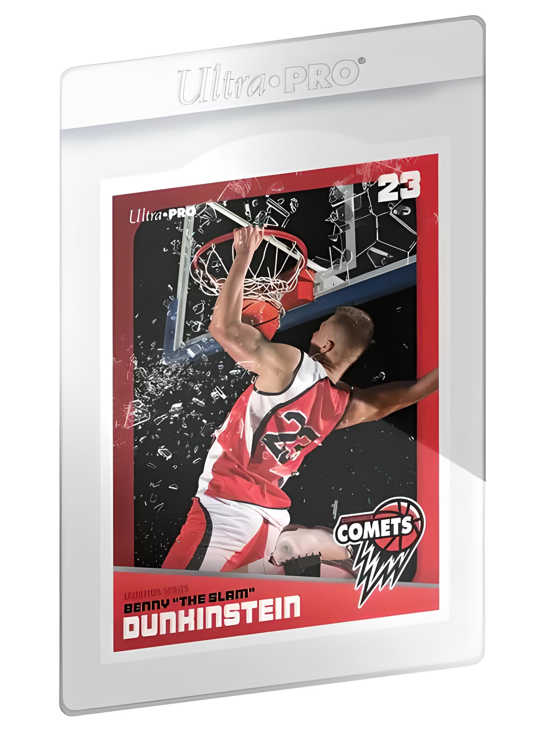 La carta di basket mostra un giocatore che schiaccia. Maglia rossa con il 23. Rete da basket e schegge sullo sfondo.