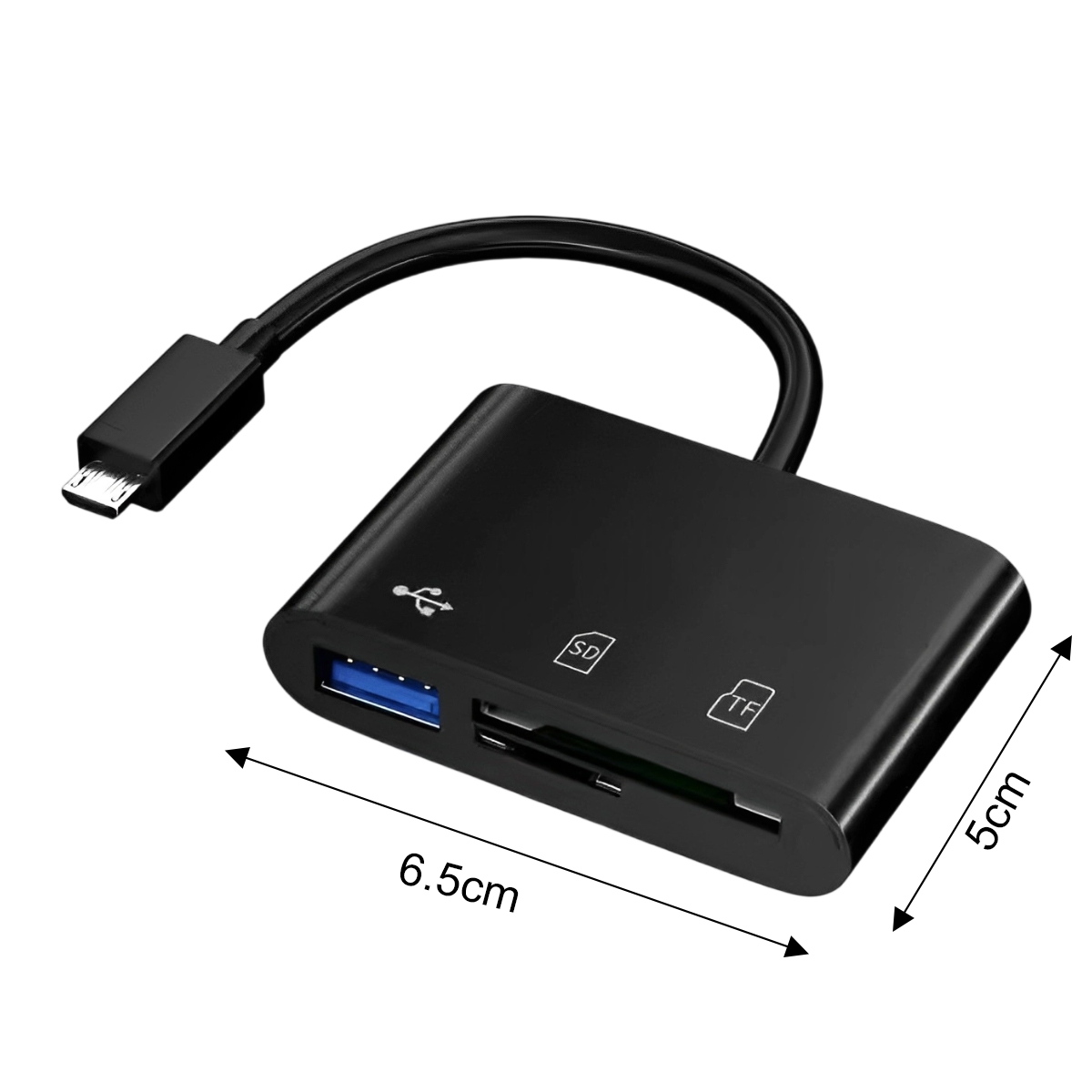 Ein schwarzer USB-Hub mit USB-Anschluss, SD-Kartensteckplatz und TF-Kartensteckplatz. Er hat einen USB-C-Anschluss, der mit einem gebogenen Kabel befestigt ist. Abmessungen sind angegeben.