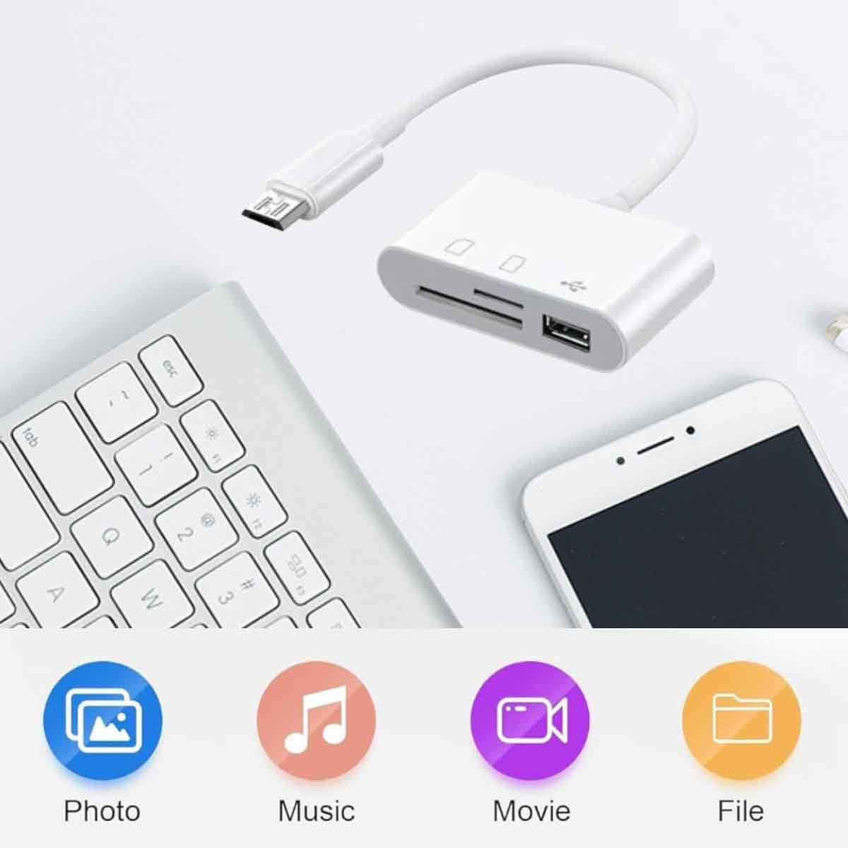 Ein weißer Kartenleser und ein Kabel, eine Tastatur und ein Smartphone liegen auf einer weißen Oberfläche mit App-Symbolen darunter.