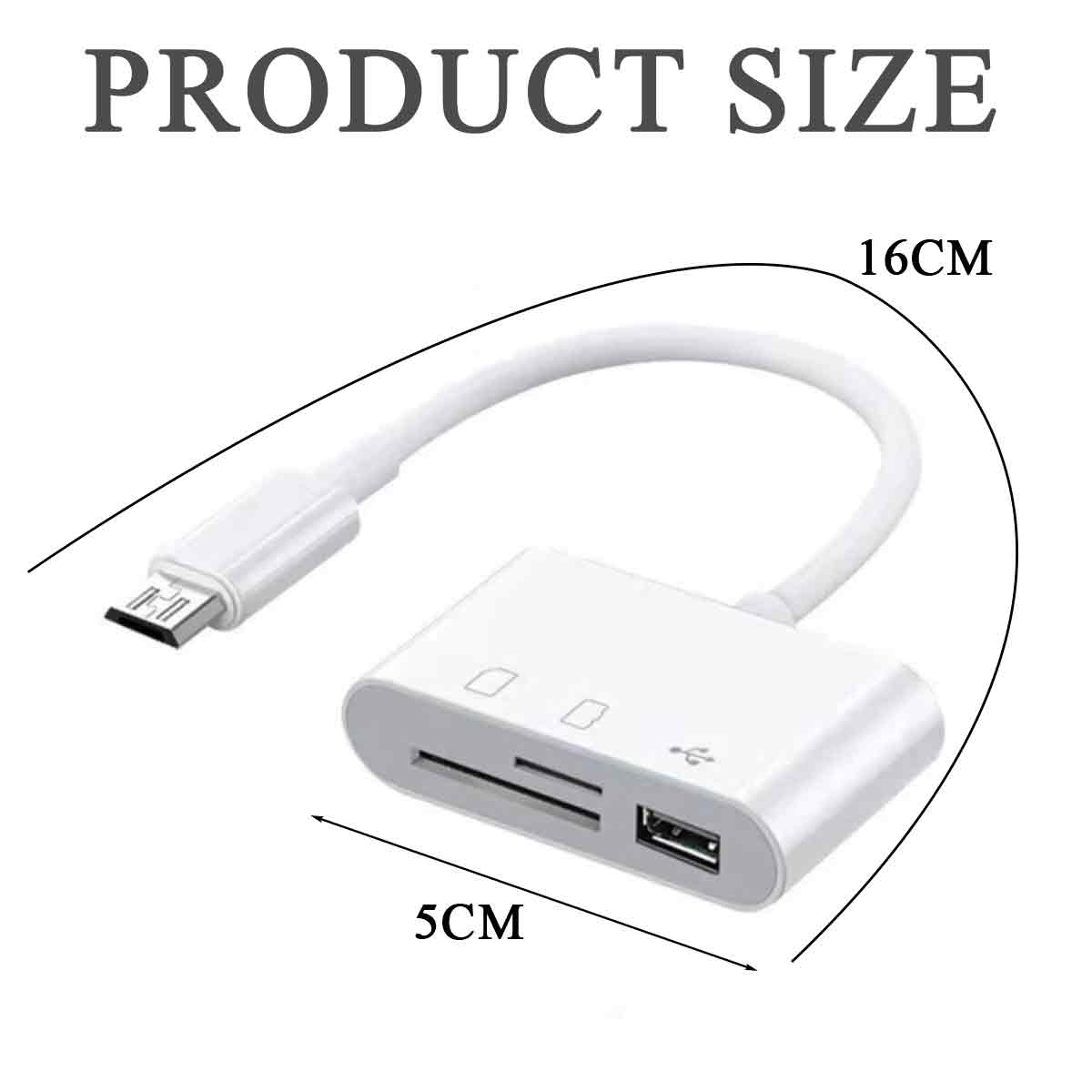 Ein weißer Kartenleser mit USB-Kabel. Maße: 5cm x 16cm. Der Text 'PRODUCT SIZE' steht oben.