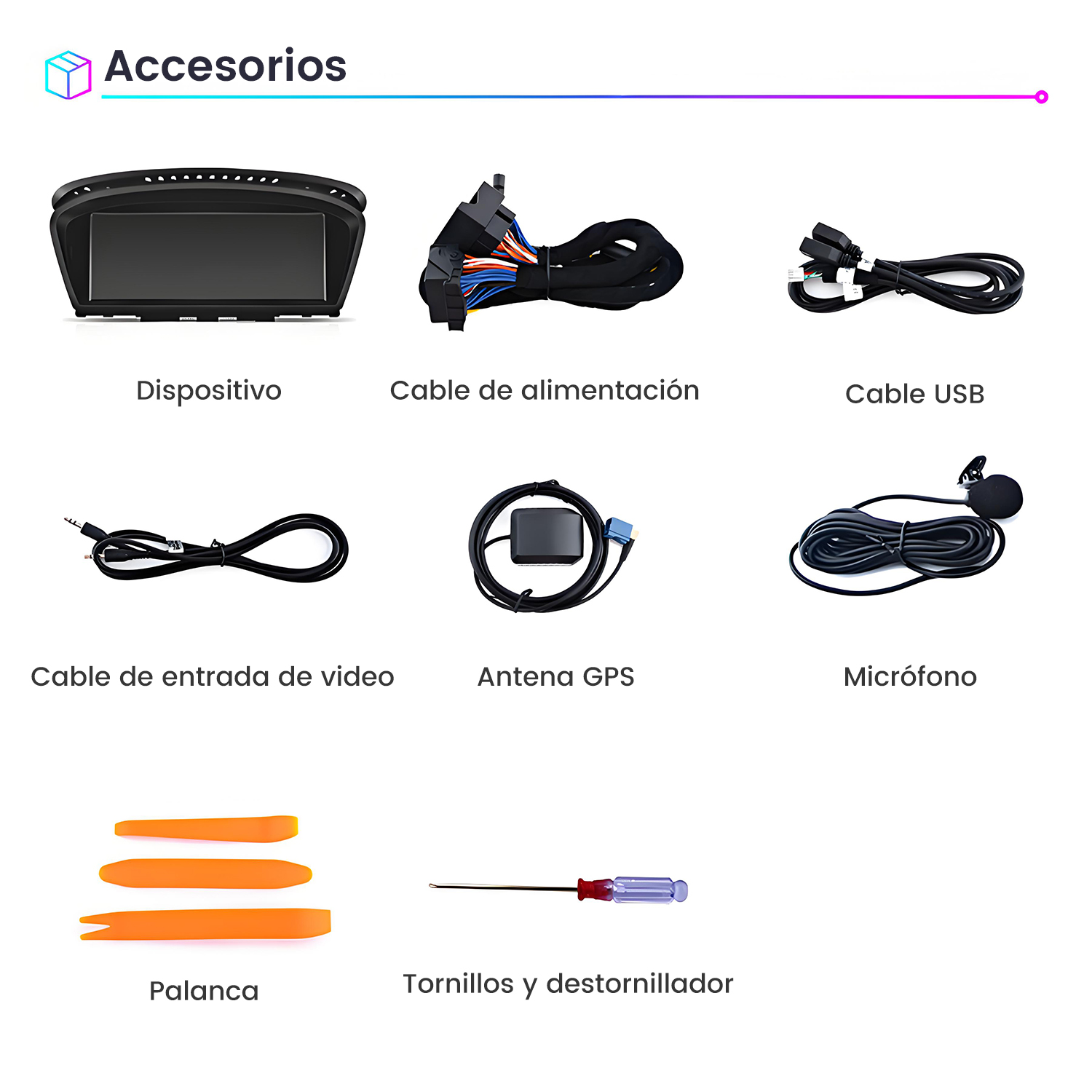 Imagen muestra accesorios de coche: dispositivo, cable de alimentación, cable USB, cable de entrada de video, antena GPS, micrófono, palanca y destornillador.