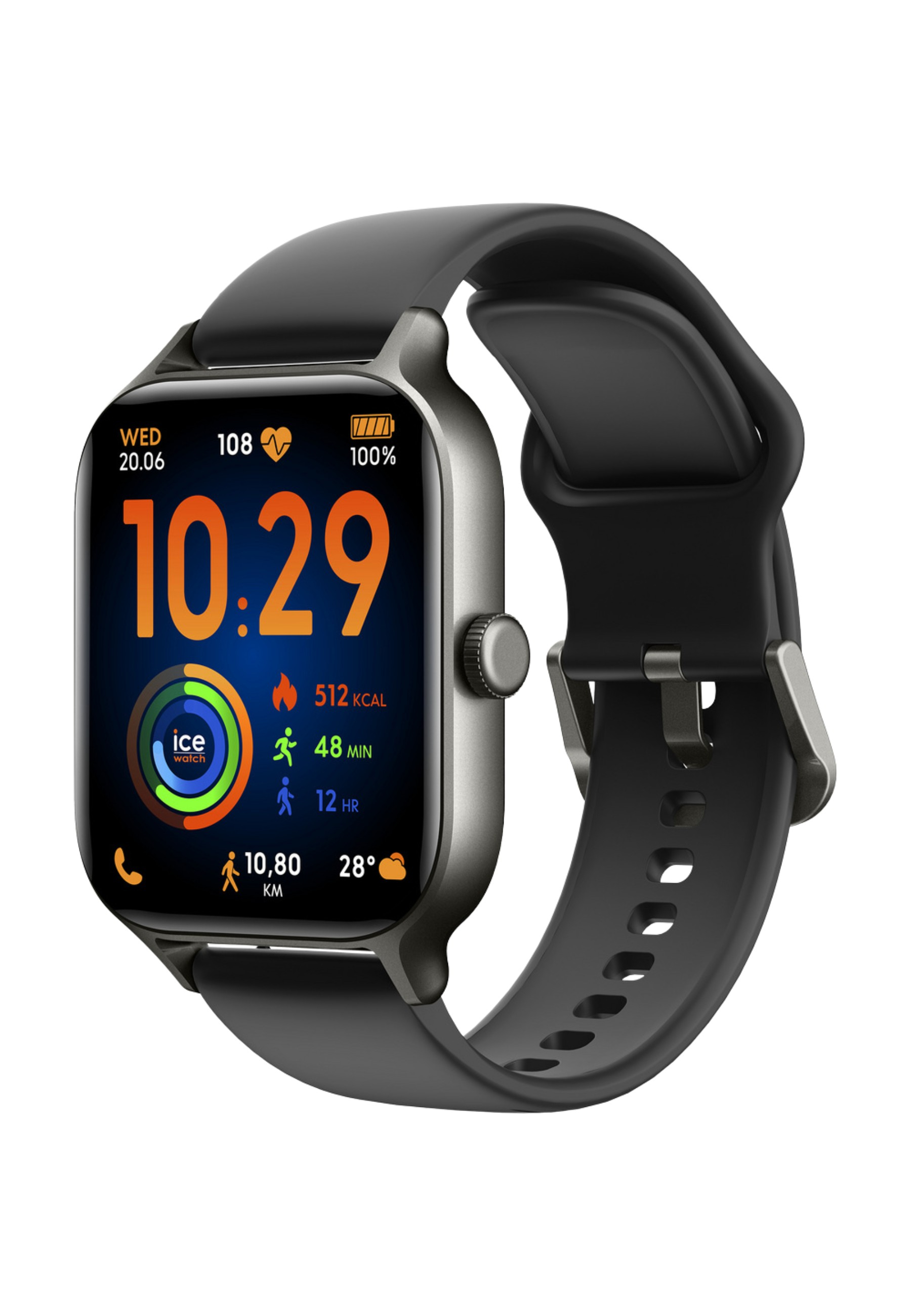 Eine Smartwatch mit schwarzem Armband zeigt Zeit, Herzfrequenz, Akku und Aktivitätsdaten auf einem dunklen Bildschirm.