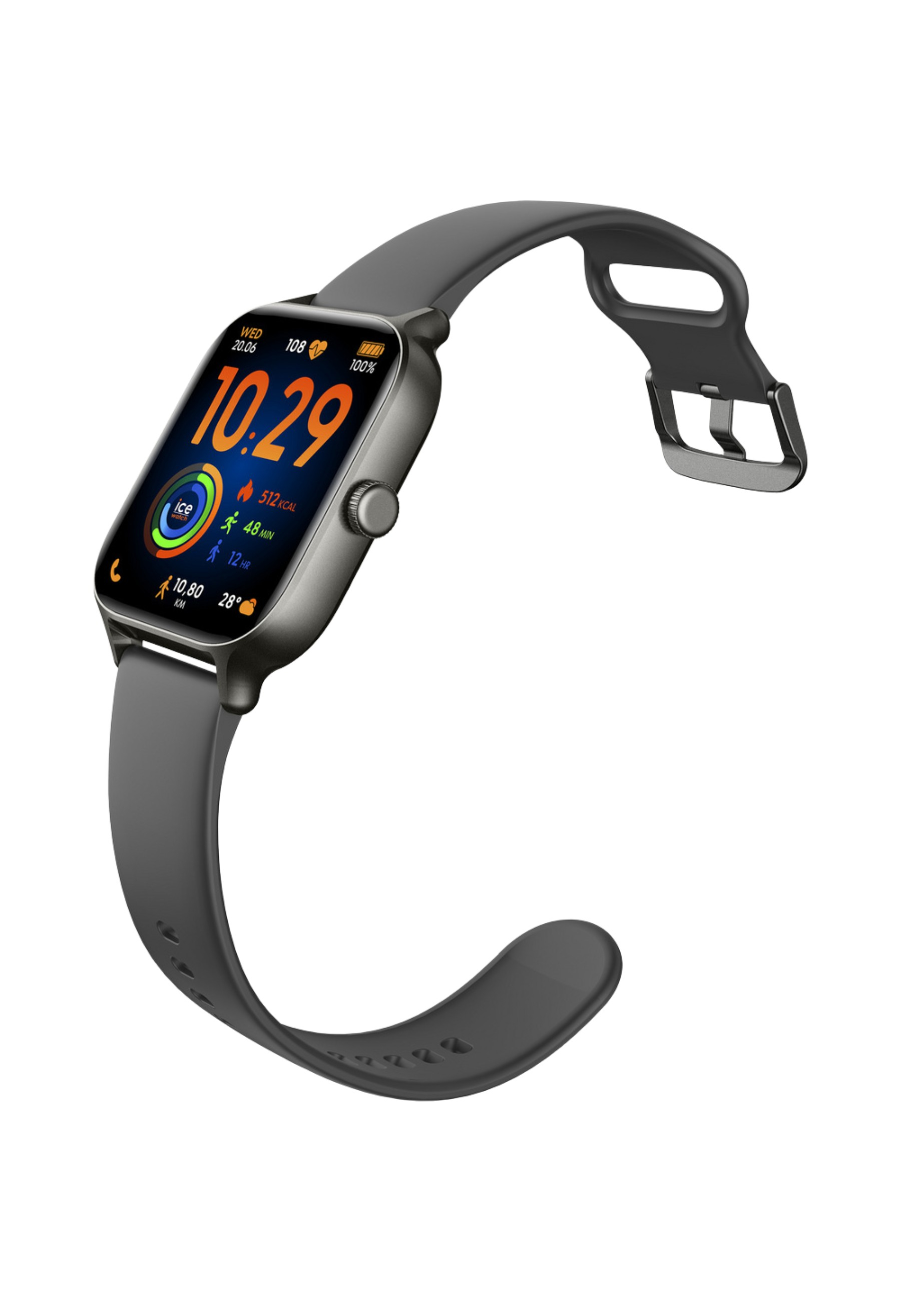 Eine graue Smartwatch zeigt Zeit und Fitnessdaten an. Sie hat ein schwarzes Armband und eine silberne Schnalle. Der Bildschirm zeigt Statistiken in Orange.