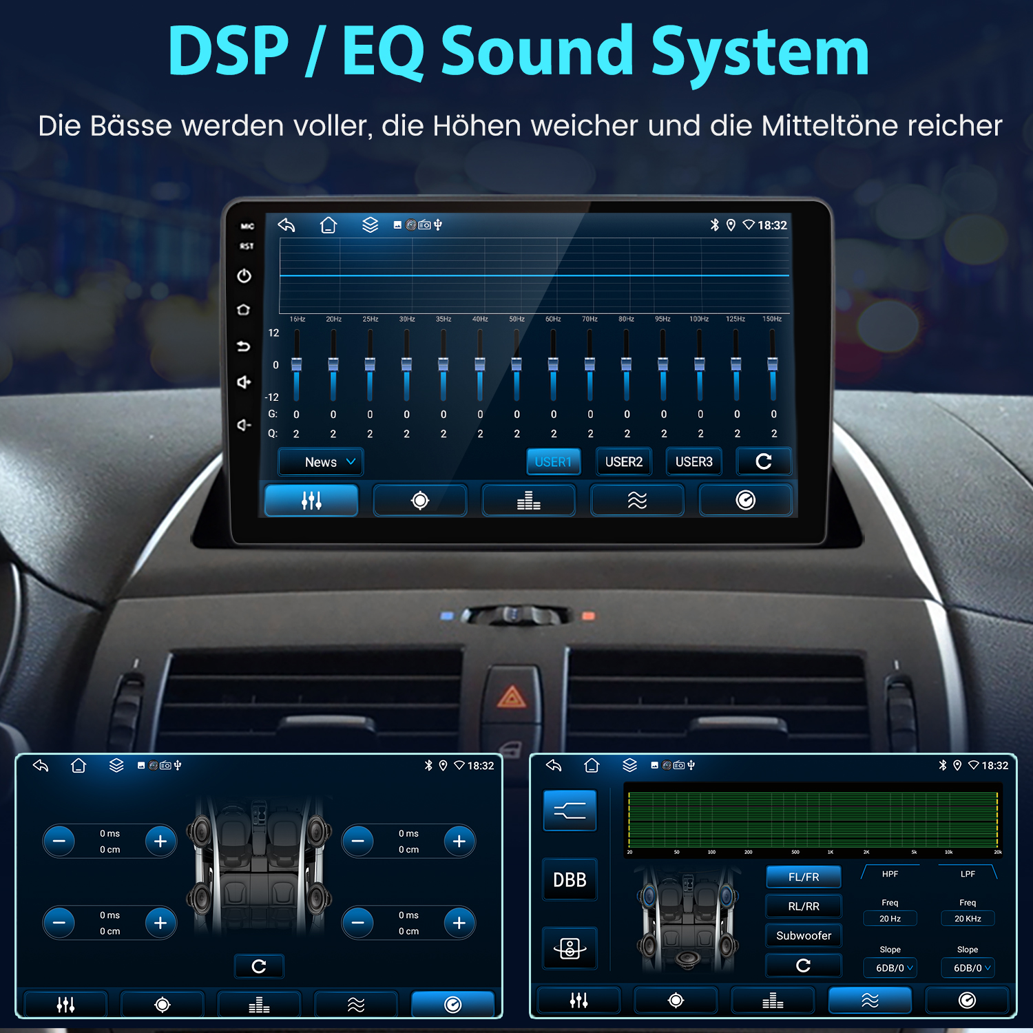 Auto-Audiosystem-Oberfläche mit Equalizer-Einstellungen und anderen Audiosteuerungen. Mehrere Bildschirme sind sichtbar.