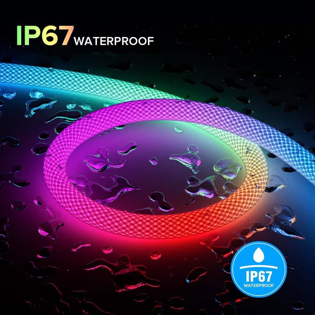 Ein farbenfroher LED-Streifen ist aufgerollt, mit dem Text IP67 Waterproof. Wassertropfen sind auf der Oberfläche, mit einem blauen IP67-Symbol.