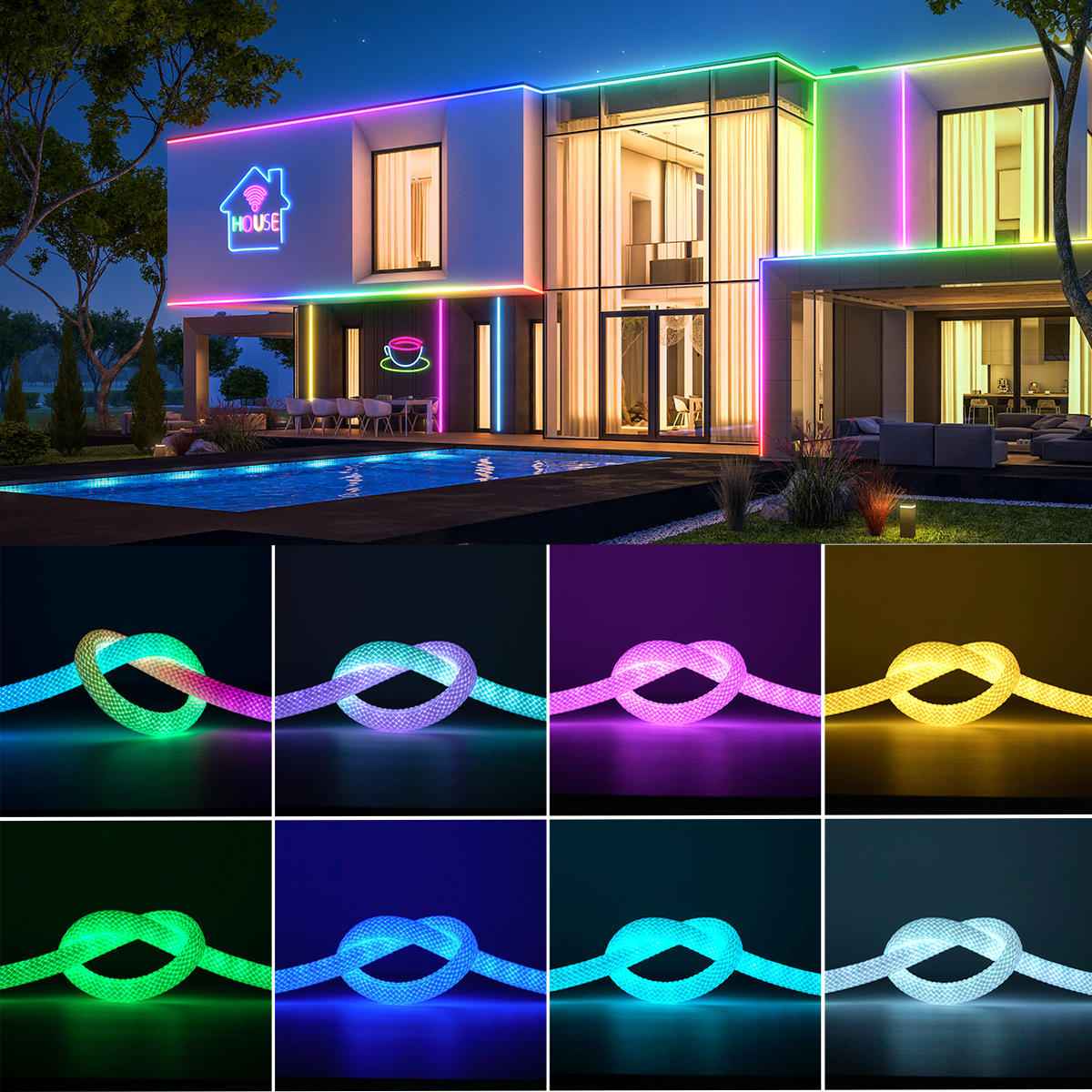 Ein modernes Haus mit bunten Neonlichtern wird nachts gezeigt. Darunter gibt es mehrere Farbvarianten eines LED-Streifens in Knotenform.