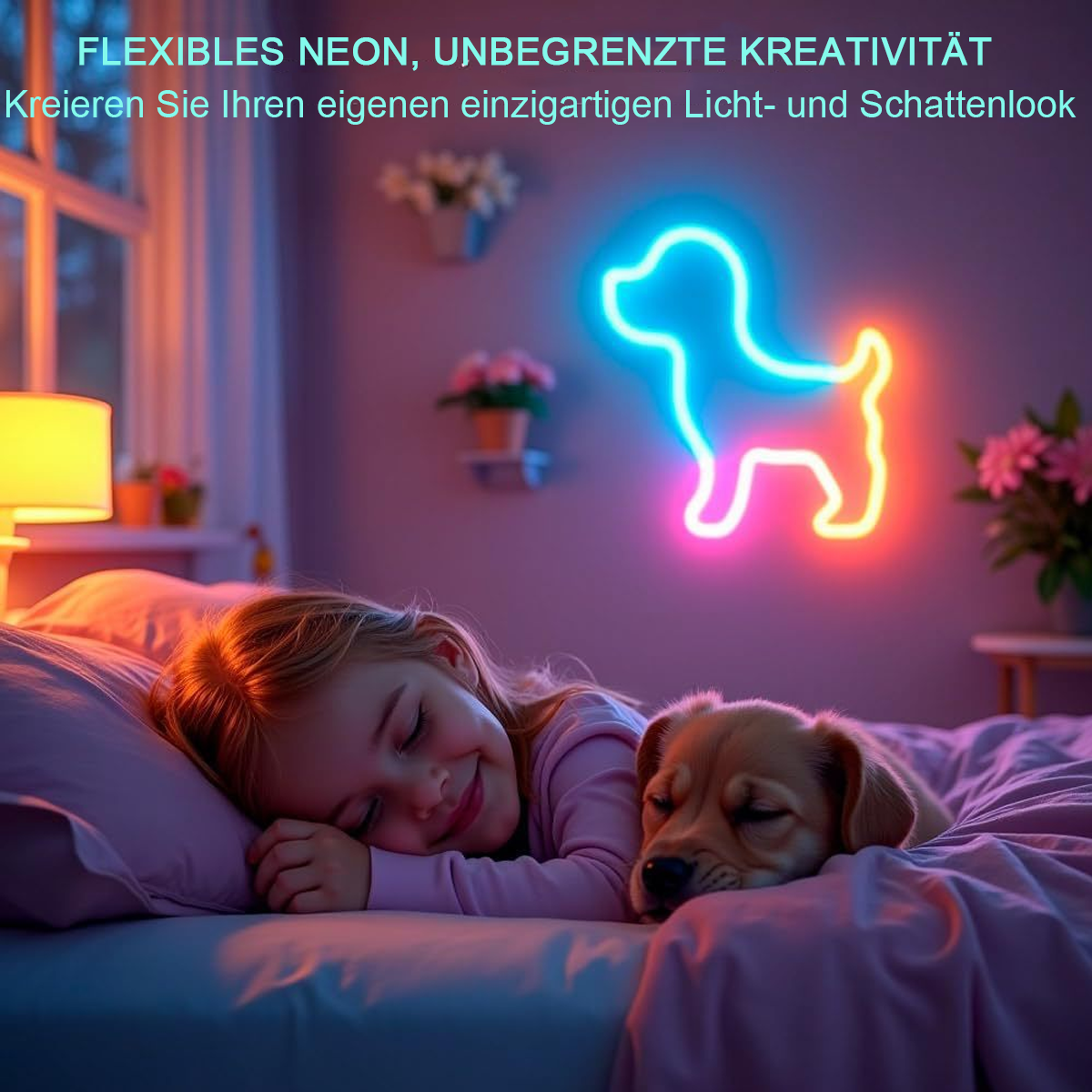 Ein Mädchen schläft mit einem Hund unter einem Neon-Hundeschild. Der Raum ist sanft beleuchtet mit einer Lampe und das Schild leuchtet.