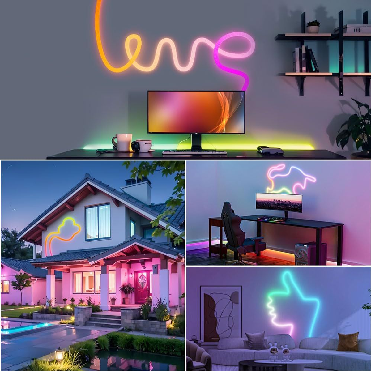 Das Bild zeigt ein Haus und Räume mit bunten Neonlichtern. Neonschilder schreiben "Liebe" und andere Formen. Es gibt Monitore und Möbel.