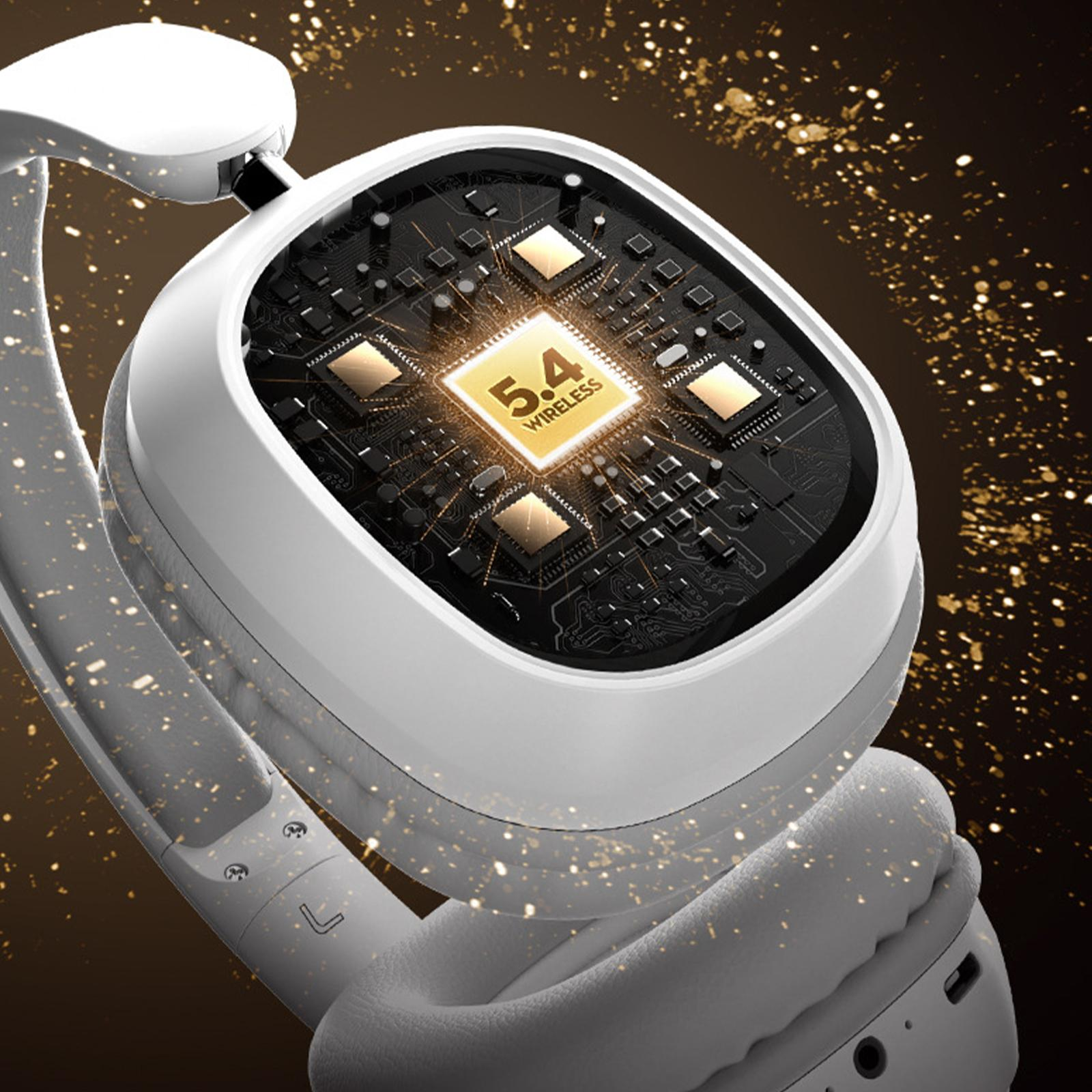 Weiße Kopfhörer mit 5.4 Wireless-Chip. Schwarzes Leiterplattendesign. Goldakzente und Hintergrund.