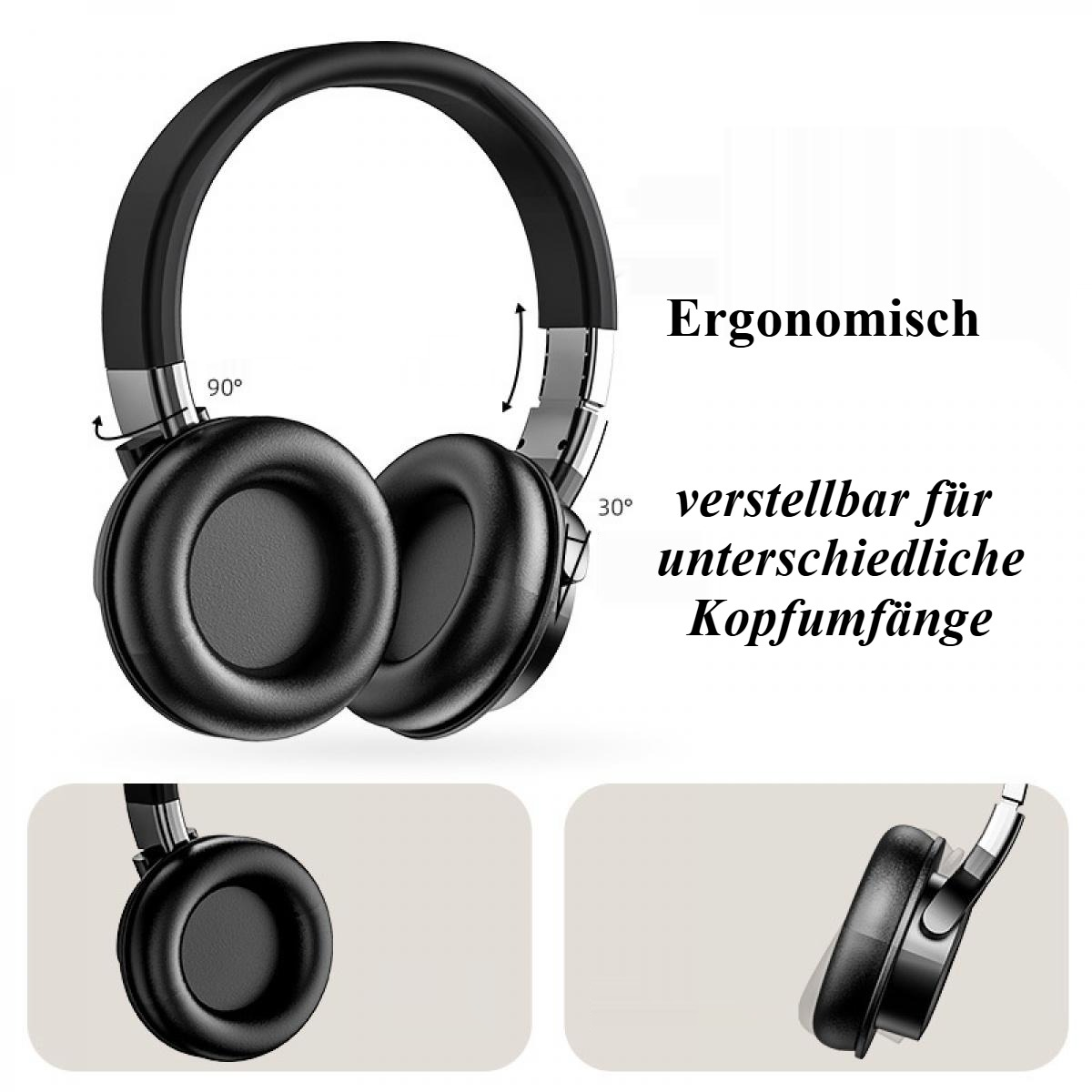 Schwarze Kopfhörer mit silbernen Akzenten. Der Text lautet "Ergonomisch" und "verstellbar für unterschiedliche Kopfumfänge."