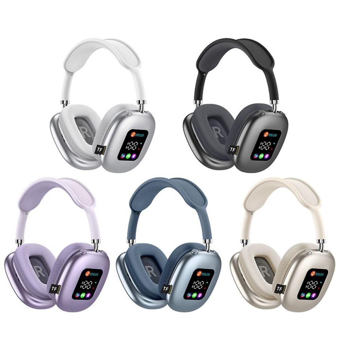 Sechs kabellose Kopfhörerpaare in Weiß, Schwarz, Lila, Blau und Beige. Jedes hat ein digitales Display.