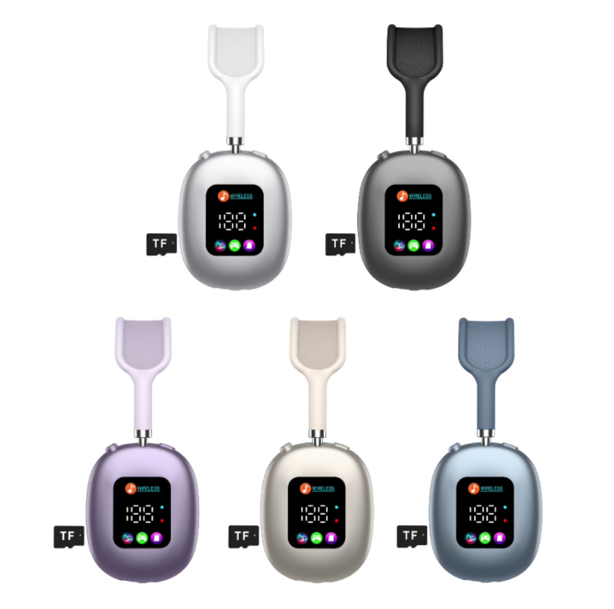 Fünf kabellose Kopfhörer in verschiedenen Farben: Silber, Schwarz, Lila, Beige und Blau. Jeder hat ein digitales Display und einen TF-Kartensteckplatz.
