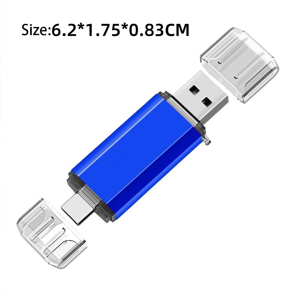 Ein blauer USB-Stick mit Größenangabe oben. Der Stick hat einen silbernen USB-Anschluss und zwei durchsichtige Kunststoffkappen.