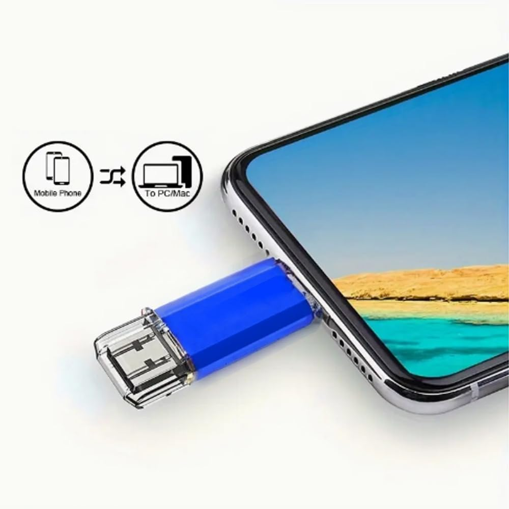 Ein blauer USB-Stick ist in ein Telefon eingesteckt. Symbole zeigen die Datenübertragung zwischen Telefon und PC. Der Bildschirm zeigt Strand.