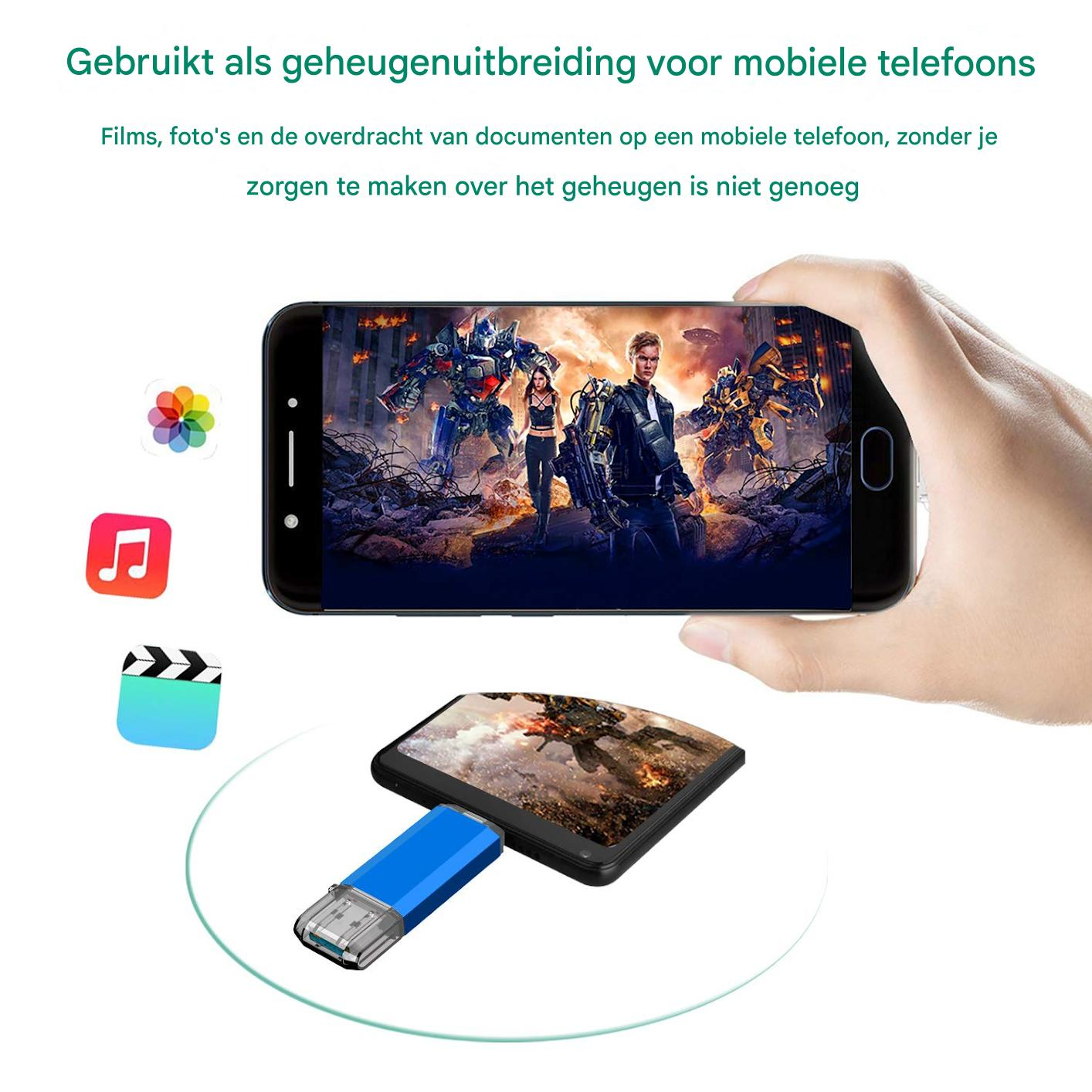 Eine Hand hält ein Telefon, das eine Filmszene zeigt. Ein USB-Stick und Symbole befinden sich im Vordergrund, was auf Speichererweiterung hindeutet.