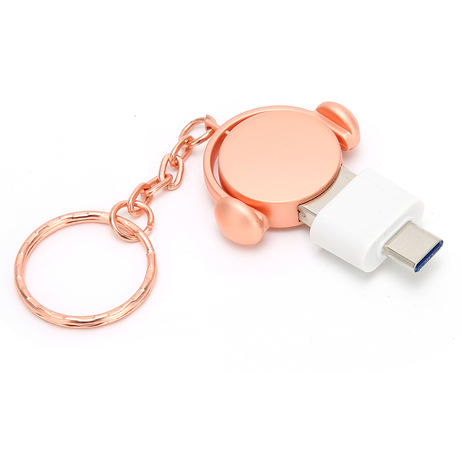 Ein roségoldener USB-C-Schlüsselanhänger-Adapter. Er hat einen Ring, eine Kette, einen runden Körper und einen weißen Stecker.