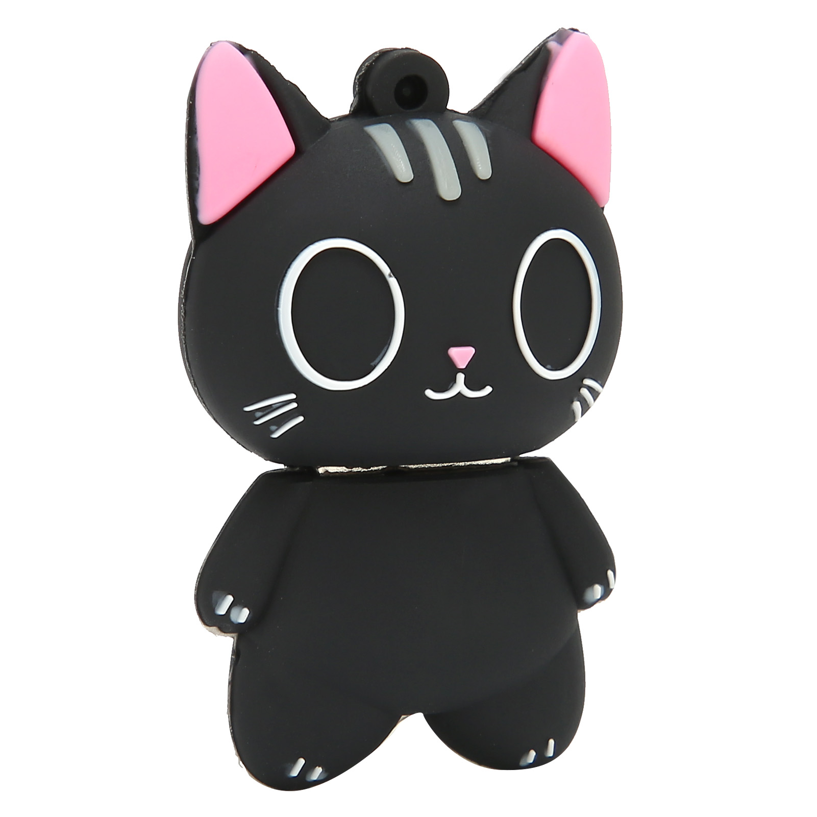 Ein schwarzer USB-Stick in Katzenform mit rosafarbenen Innenohren, weißen Augen und einer rosa Nase auf weißem Hintergrund.