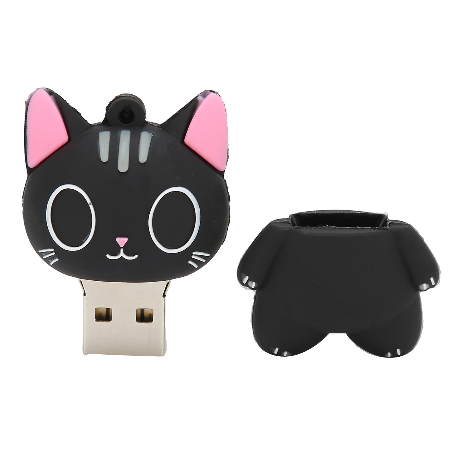 Ein schwarzer USB-Stick in Katzenform mit rosafarbenen Ohren und einer abgenommenen Körperabdeckung. Der Kopf hat weiße Augen, eine rosa Nase und Schnurrhaare.