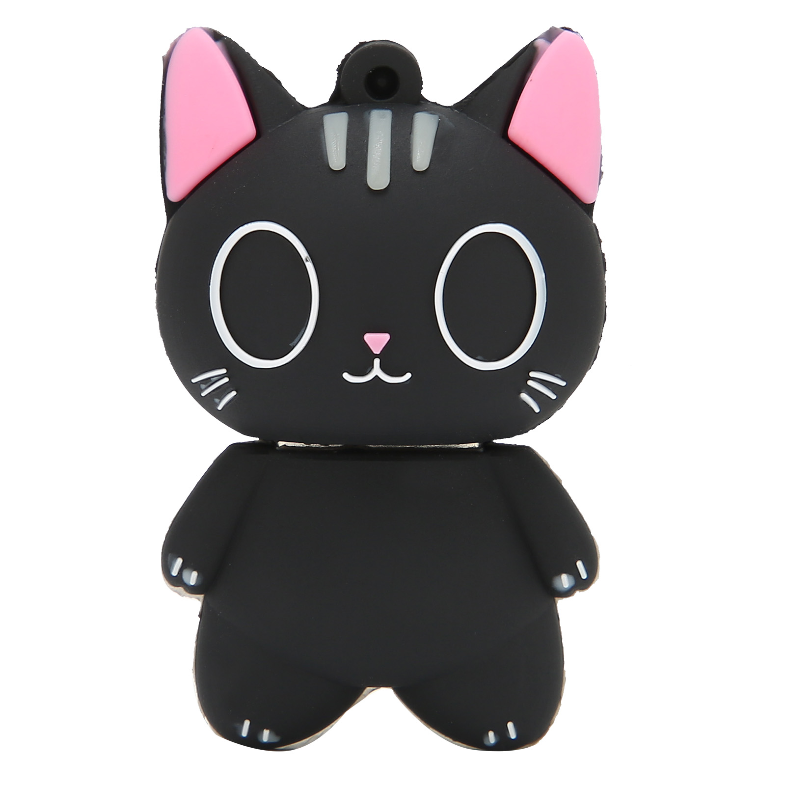 Ein schwarzes katzenförmiges Accessoire mit rosa Ohren, weißen Augen und einer rosa Nase. Es steht vor weißem Hintergrund.