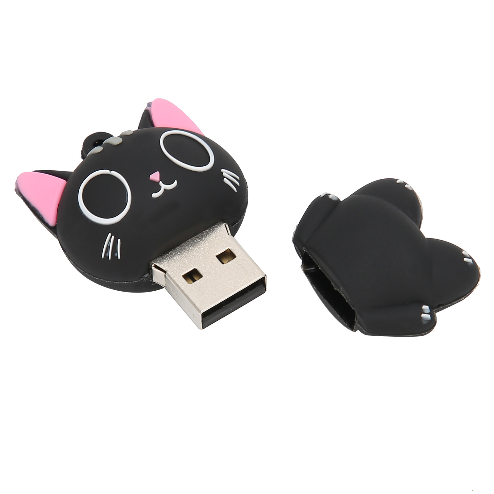 Ein schwarzer USB-Stick in Katzenform mit rosa Ohren und weißen Details, neben der passenden Kappe, auf weißem Hintergrund.