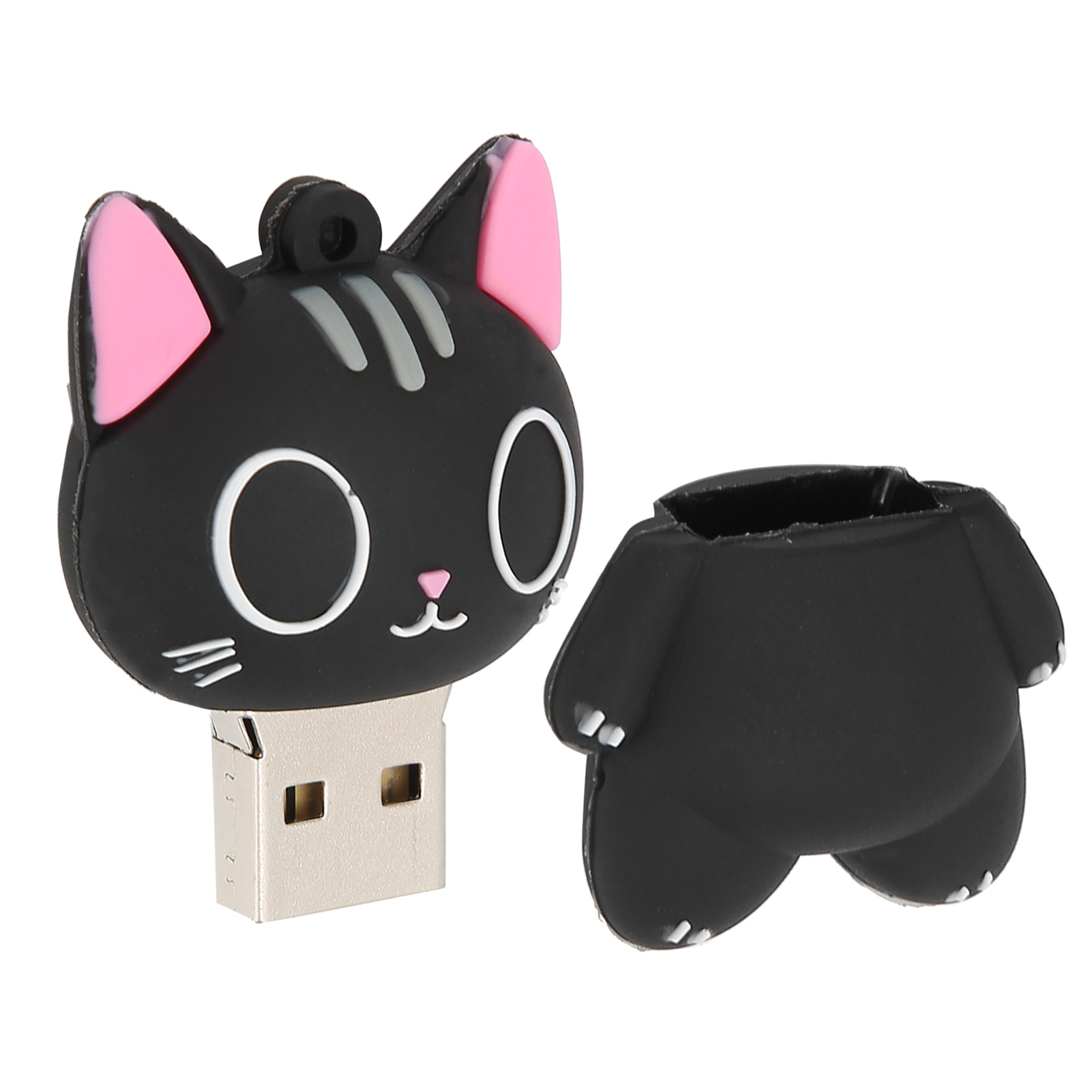 Ein schwarzer USB-Stick in Katzenform mit rosa Ohren und weißen Details, neben seiner separaten Körperabdeckung.