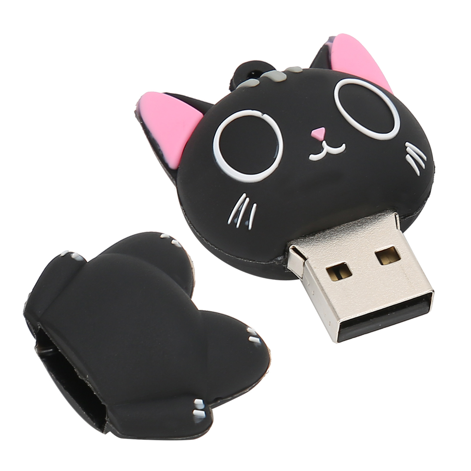 Ein schwarzer USB-Stick in Katzenform mit rosa Ohren und weißen Details, neben der Kappe.