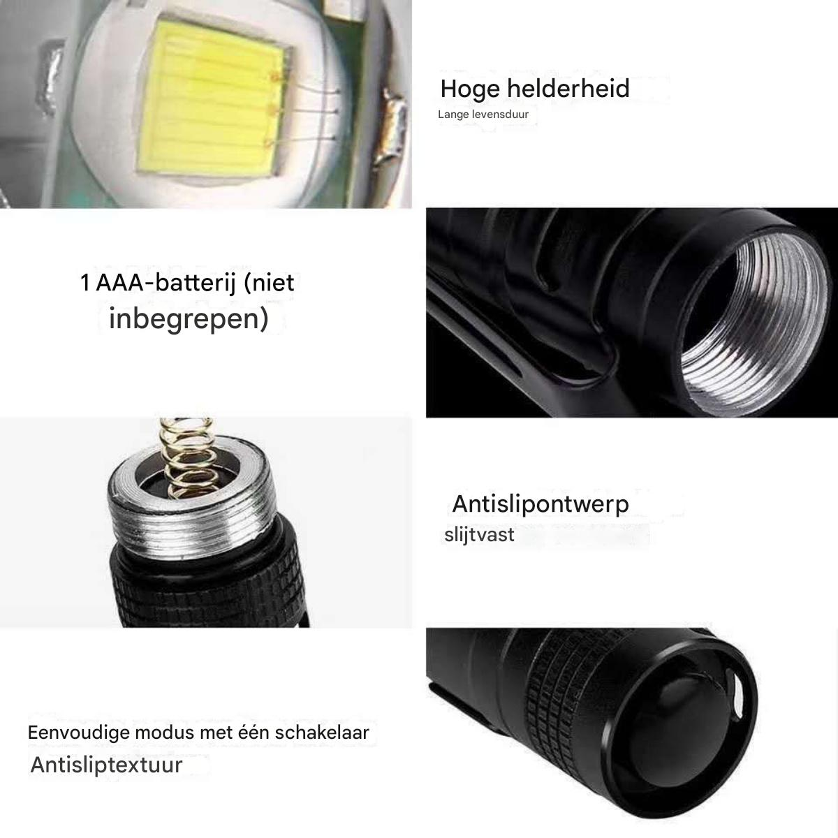 Das Bild zeigt eine Taschenlampe mit Nahaufnahmen ihrer Komponenten und hebt Merkmale wie hohe Helligkeit, rutschfestes Design und Batterietyp hervor.