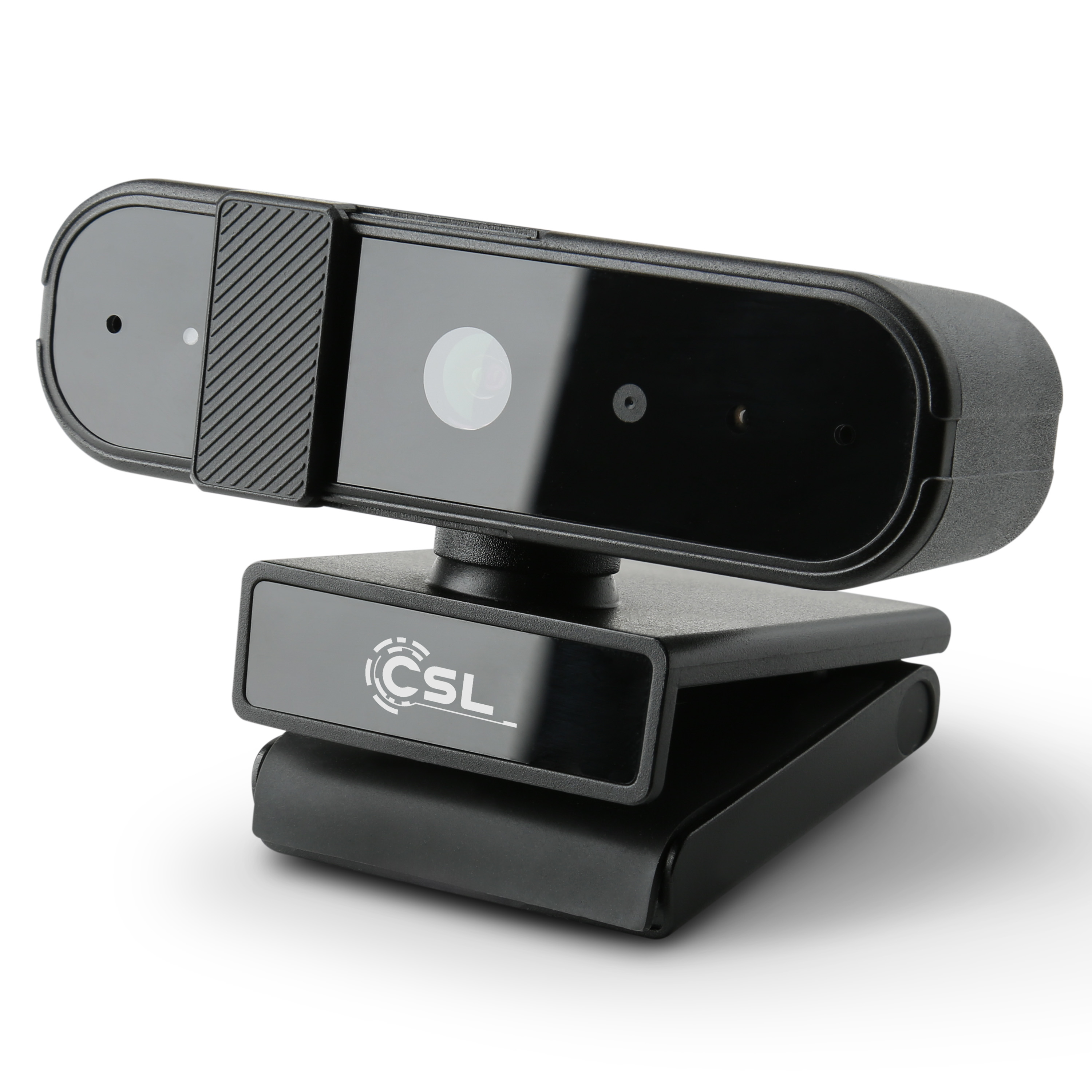 Eine schwarze Webcam auf einem Ständer. Sie hat eine Linse, ein Mikrofon und die Marke CSL. Der Hintergrund ist weiß.