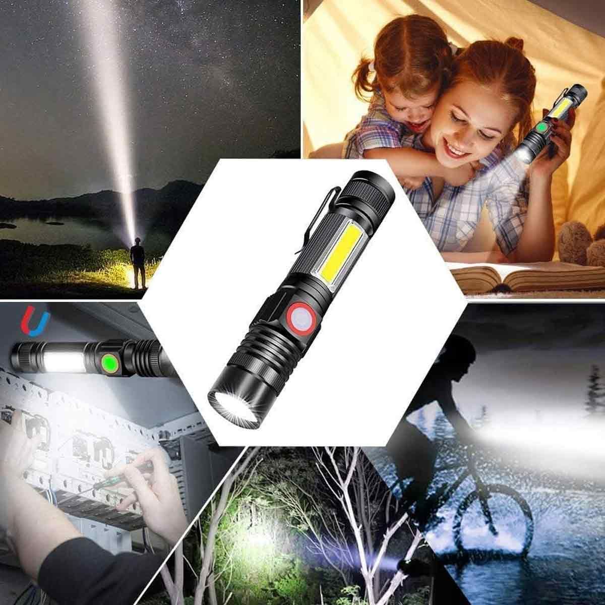 Eine Collage zeigt eine Taschenlampe in verschiedenen Umgebungen: Sternennacht, Familie, die sie benutzt, eine Person, die Fahrrad fährt, und ein Mechaniker.