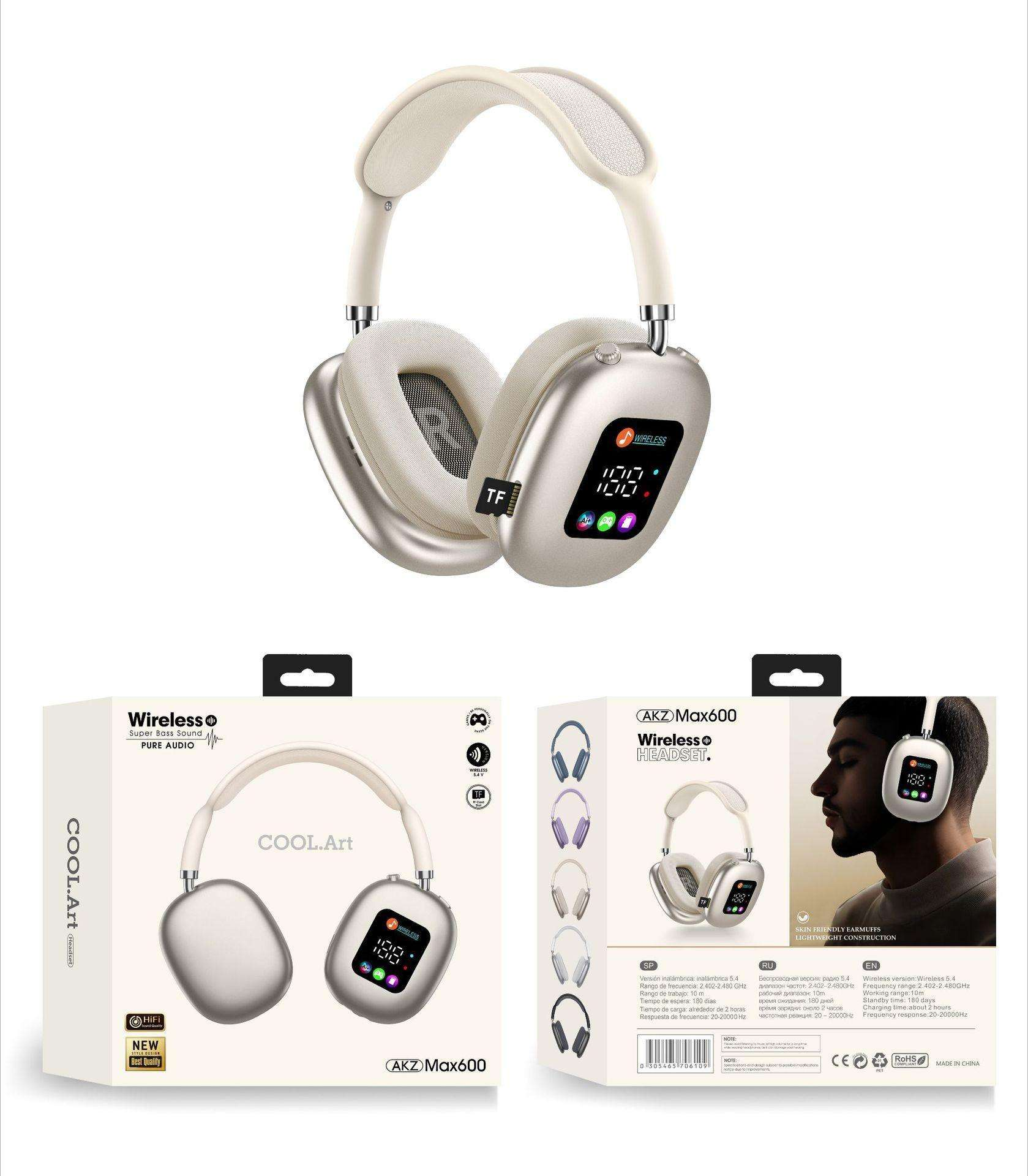 Silberne kabellose Kopfhörer mit cremefarbener Polsterung und Kopfband. Das Display zeigt Batterie- und Musikinformationen.
