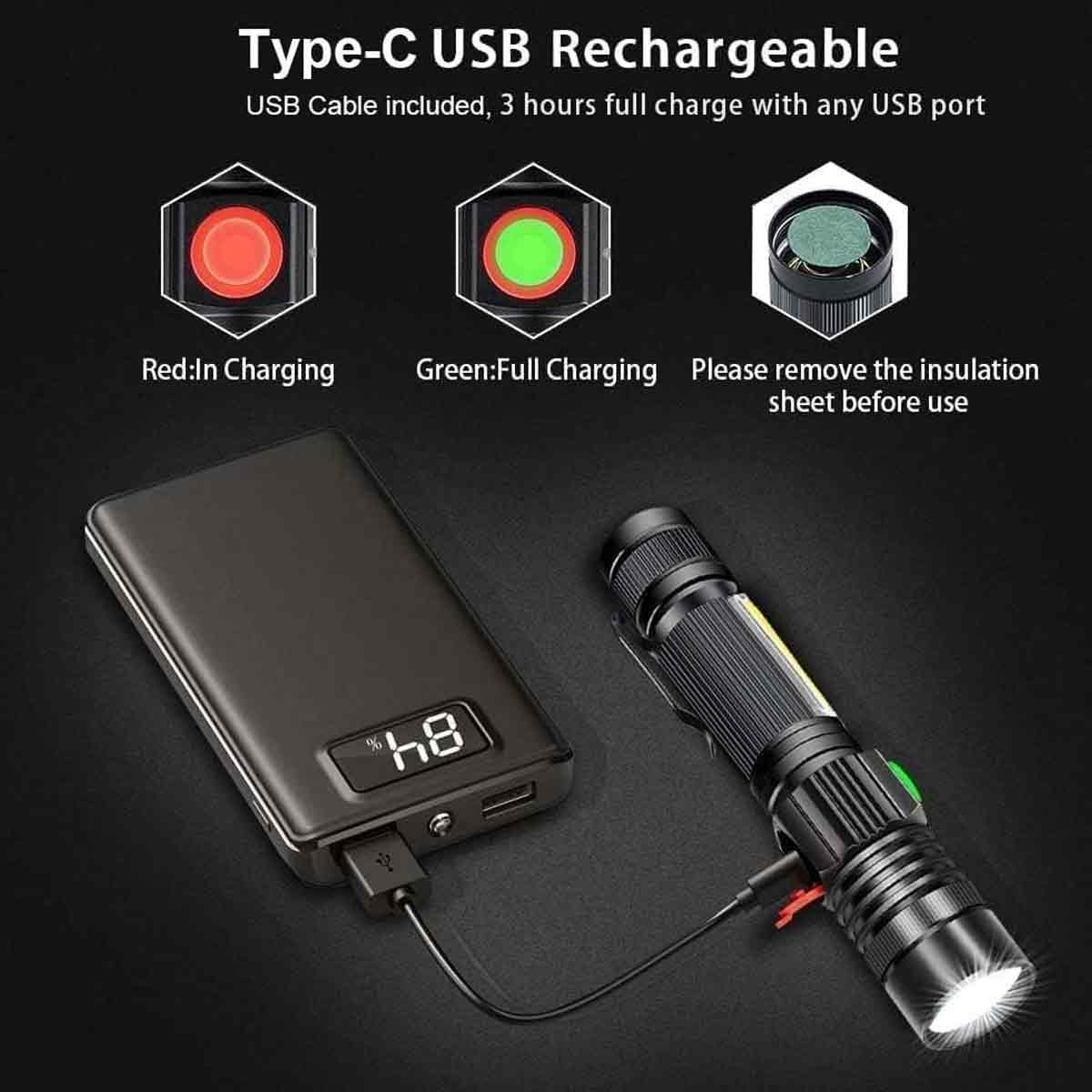 Eine Taschenlampe ist mit einem USB-Kabel an eine Powerbank angeschlossen. Die Powerbank zeigt 84%. Anweisungen und Ladeanzeigen werden angezeigt.
