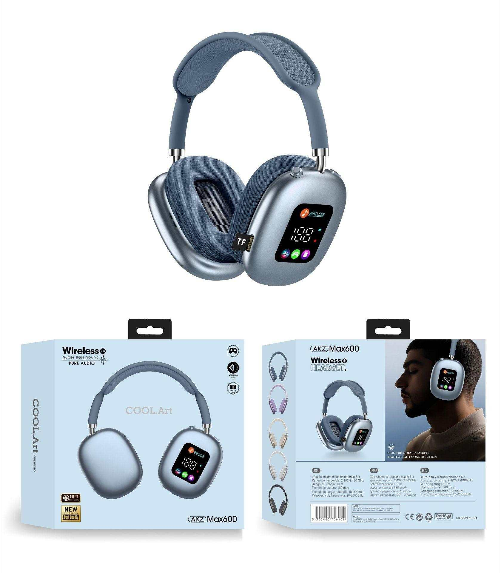 Ein graues kabelloses Headset mit Digitalanzeige auf weißem Hintergrund mit Verpackung. Die Verpackung zeigt das Headset und Spezifikationen.