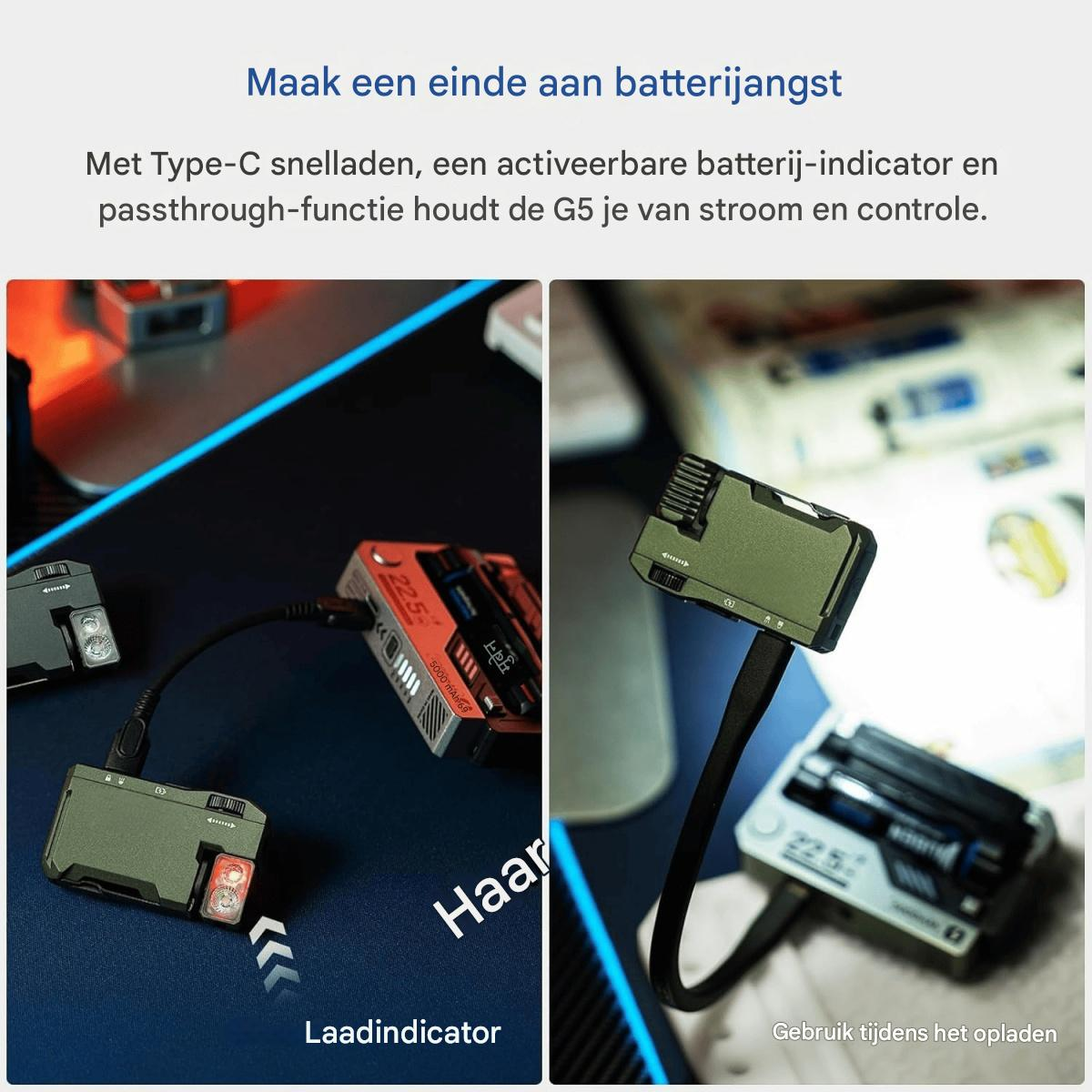 Das Bild zeigt ein schwarzes Kabel, das mit einem Gerät verbunden ist. Das Gerät hat ein rotes Licht. Text: 'Maak een einde aan batterijangst'.