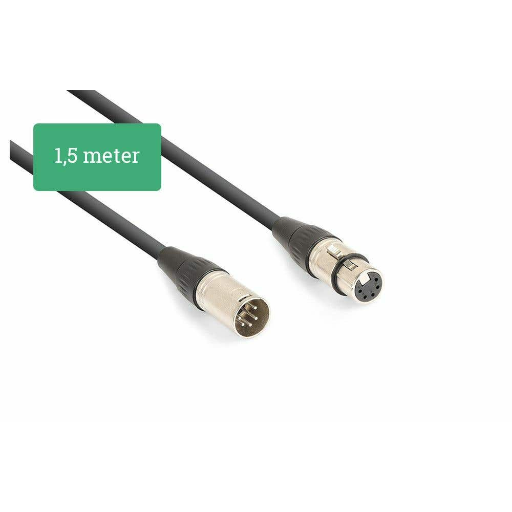 Un cable de audio negro con conectores plateados. Un rectángulo verde dice "1,5 metros".