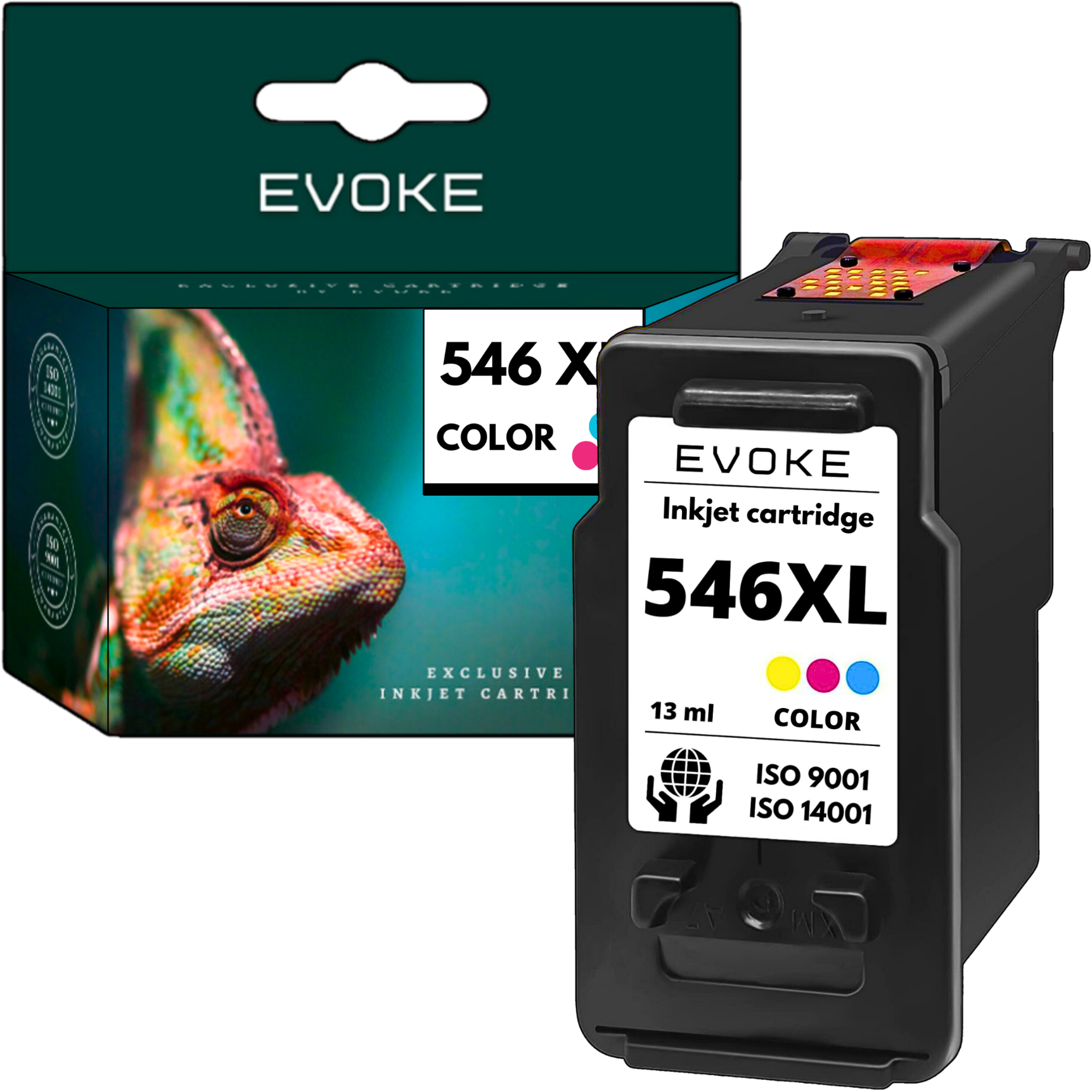 Obraz przedstawia kolorowy wkład atramentowy Evoke 546XL obok pudełka ze zdjęciem kameleona.